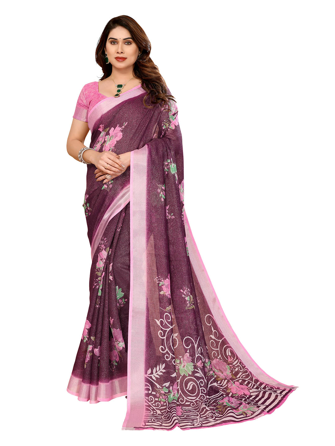     			ANAND SAREES Linen Printed Ilkal Saree With Unstitched Blouse Piece ( Wine )