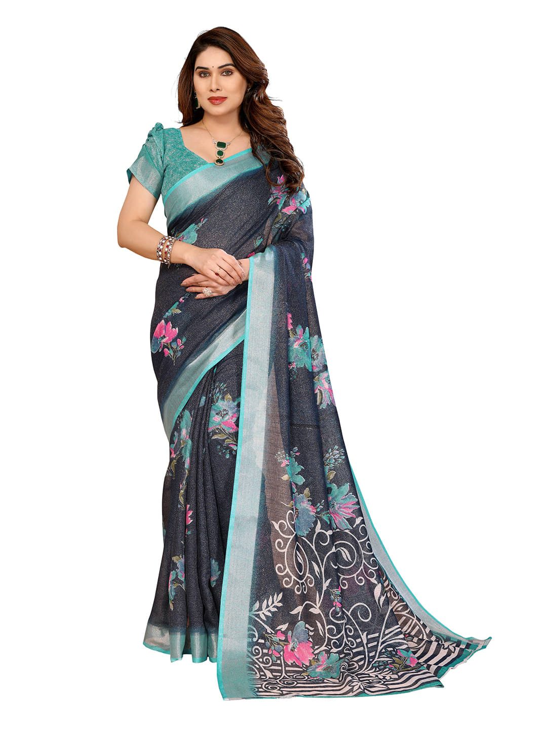     			ANAND SAREES Linen Printed Ilkal Saree With Unstitched Blouse Piece ( Rama )