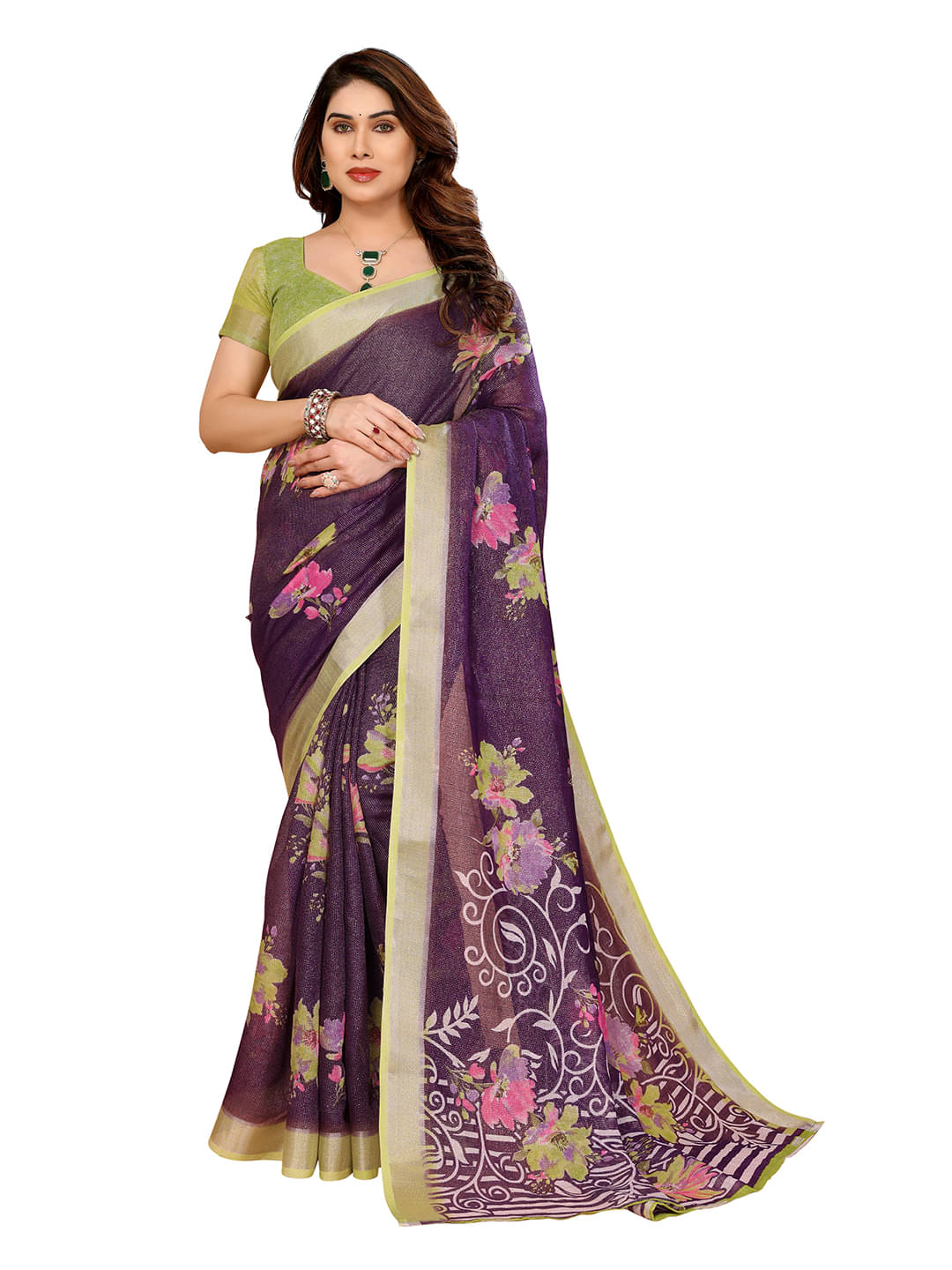    			ANAND SAREES Linen Printed Ilkal Saree With Unstitched Blouse Piece ( Purple )