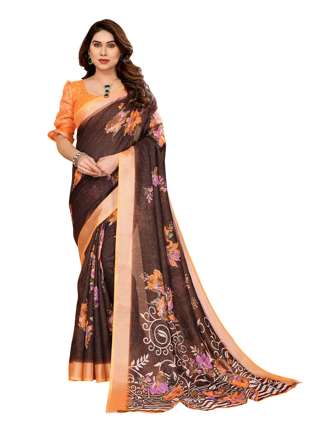 ANAND SAREES Linen Printed Ilkal Saree With Unstitched Blouse Piece ( Brown ) ANAND SAREES Linen Printed Ilkal Saree With Unstitched Blouse Piece ( Brown )