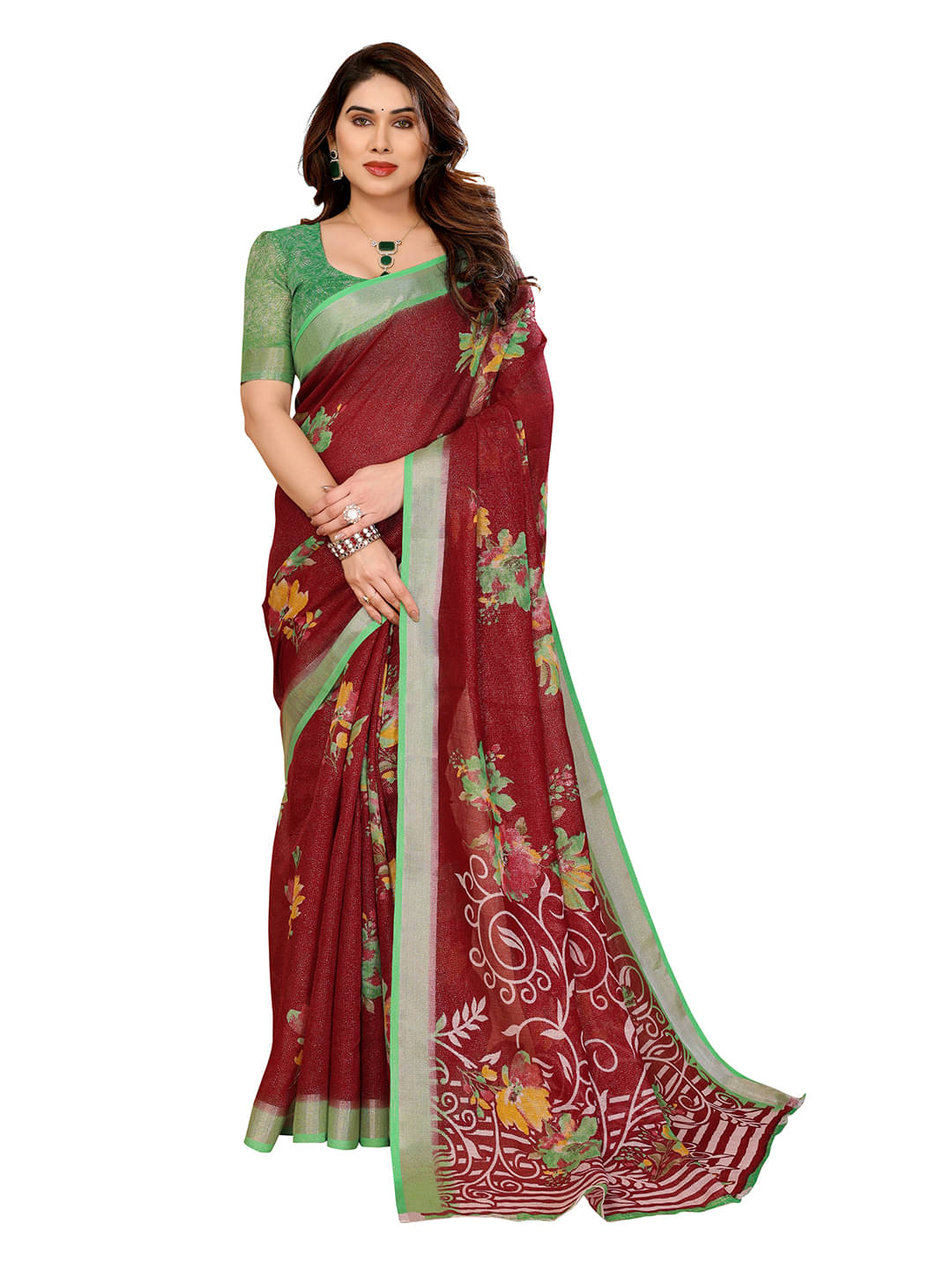 ANAND SAREES Linen Printed Ilkal Saree With Unstitched Blouse Piece ( Maroon ) ANAND SAREES Linen Printed Ilkal Saree With Unstitched Blouse Piece ( Maroon )