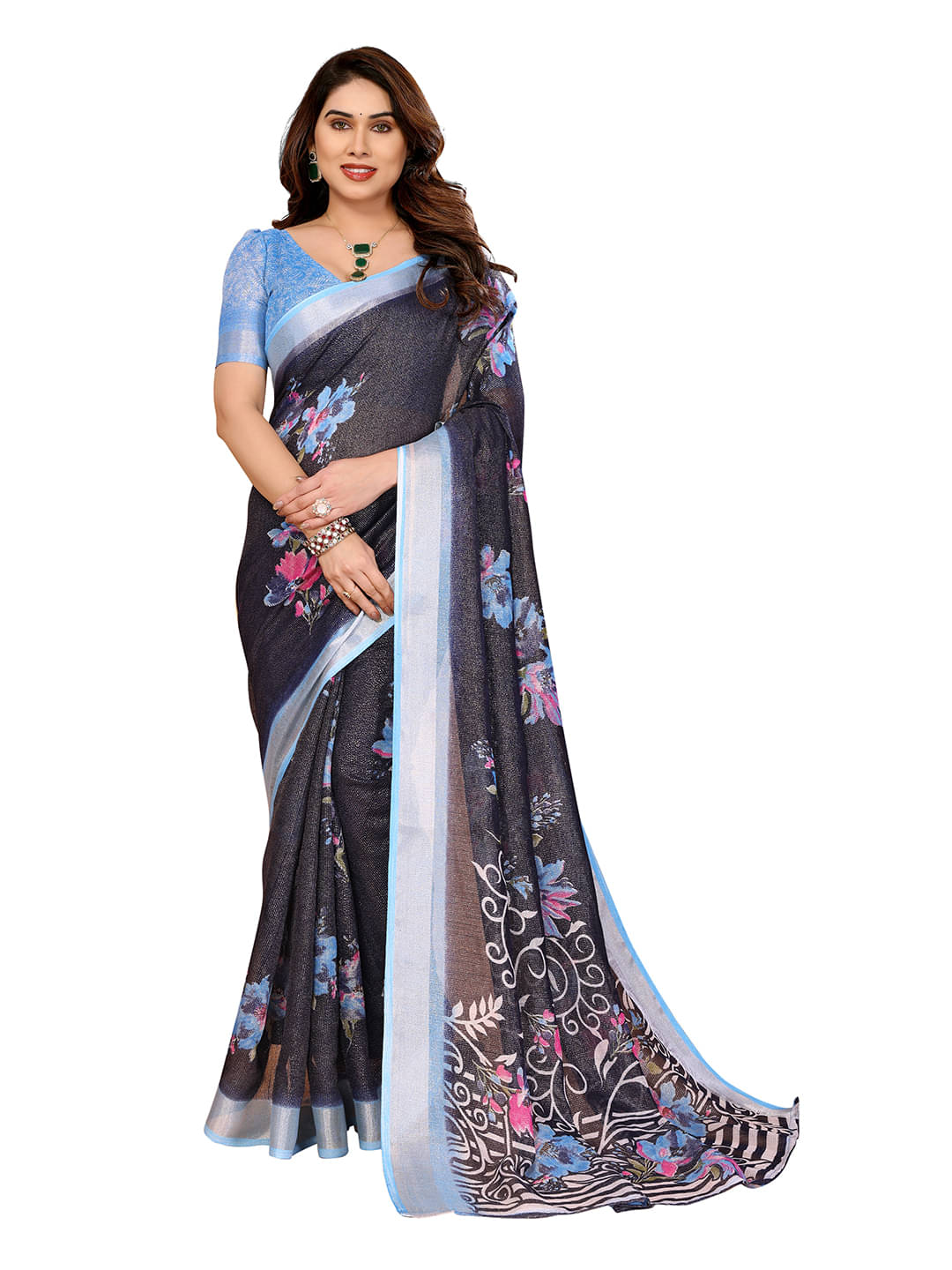 ANAND SAREES Linen Printed Ilkal Saree With Unstitched Blouse Piece ( Blue ) ANAND SAREES Linen Printed Ilkal Saree With Unstitched Blouse Piece ( Blue )