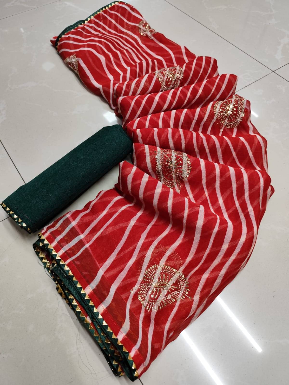 Avenue Creation Chiffon Embroidered Leheriya Saree With Unstitched Blouse Piece ( Multicolor 3 )     			Avenue Creation Chiffon Embroidered Leheriya Saree With Unstitched Blouse Piece ( Multicolor 3 )