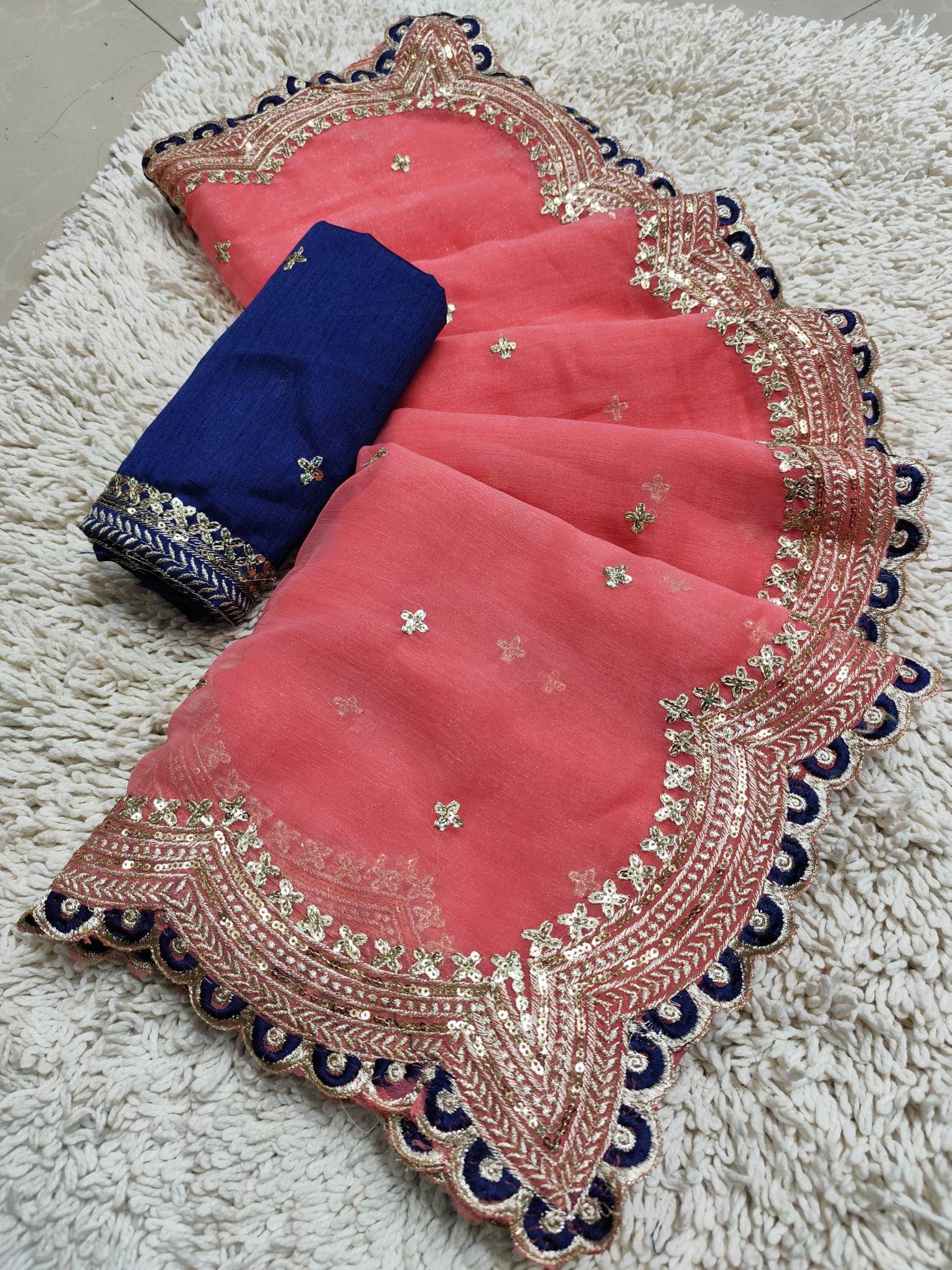     			Avenue Creation Chiffon Embroidered Regular Saree With Unstitched Blouse Piece ( Peach )