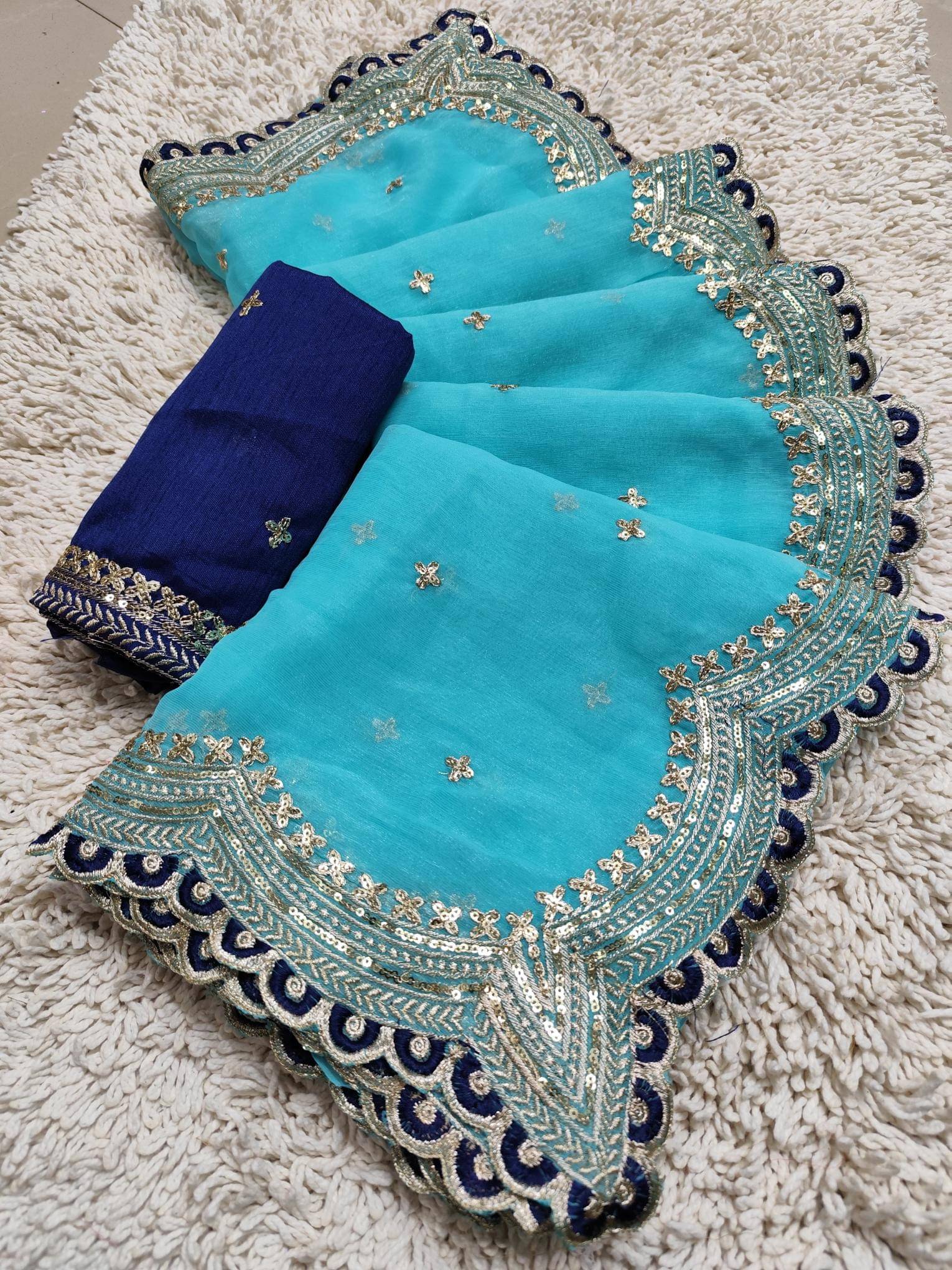 Avenue Creation Chiffon Embroidered Regular Saree With Unstitched Blouse Piece ( Turquoise ) Avenue Creation Chiffon Embroidered Regular Saree With Unstitched Blouse Piece ( Turquoise )