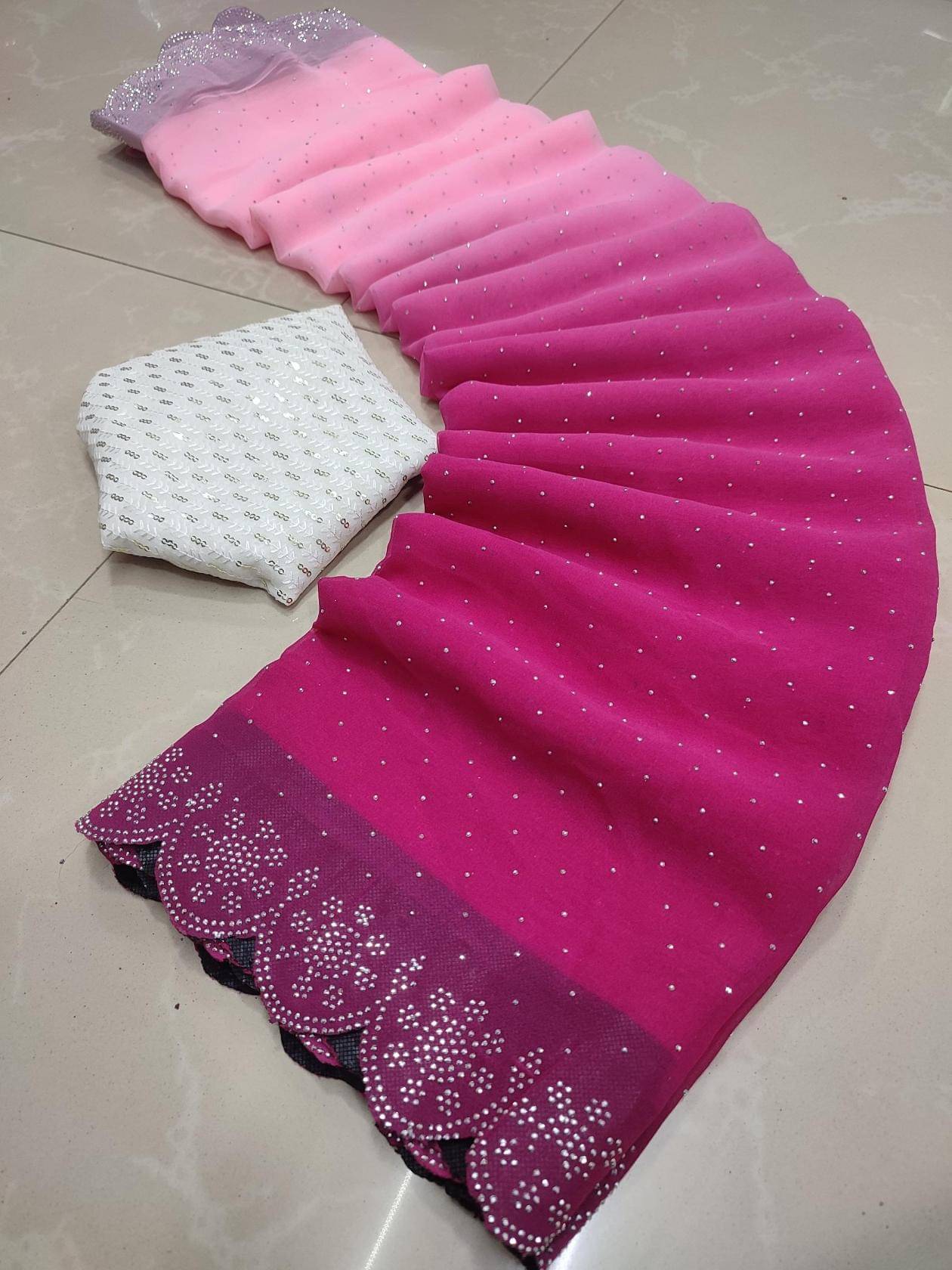 Avenue Creation Georgette Solid Regular Saree With Unstitched Blouse Piece ( Rani ) Avenue Creation Georgette Solid Regular Saree With Unstitched Blouse Piece ( Rani )