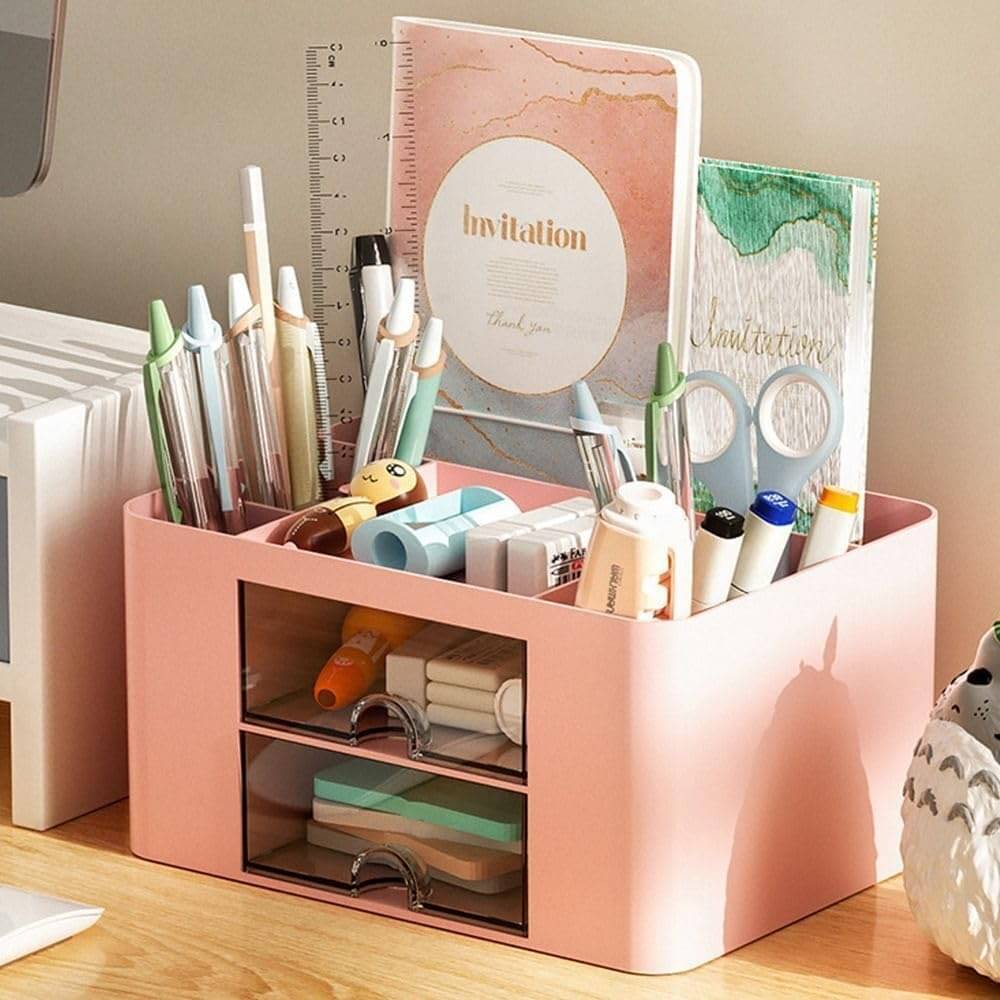     			CASSOWARY Multi-functional Desk Organiser with 5 Compartments & 2 Drawer Desktop Office Supplies Stationery Storage Box Cosmetic Organizer for Pens Staplers Clips Sticky Notes (Pink)
