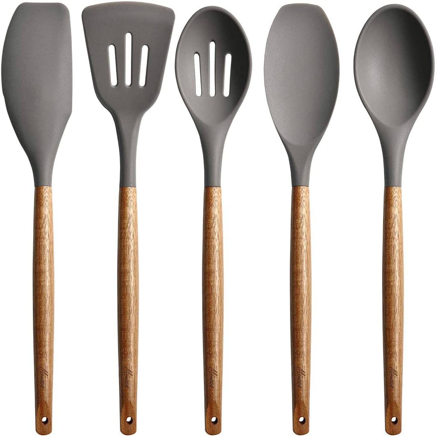 CASSOWARY Non Stick Silicone Spatula Spoon Laddle Utensil Set for Kitchen Cookware Tool Set, 5 Pcs (Grey - Wooden)) CASSOWARY Non Stick Silicone Spatula Spoon Laddle Utensil Set for Kitchen Cookware Tool Set, 5 Pcs (Grey - Wooden))