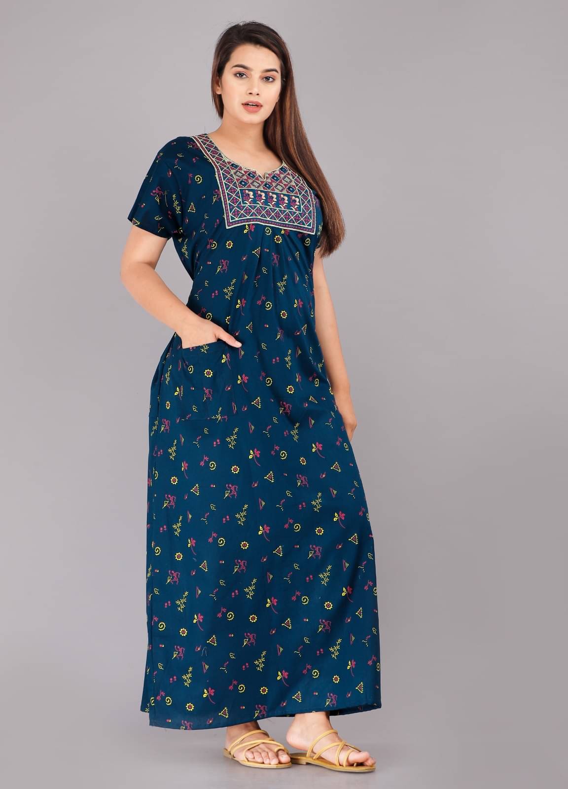 K.D.PRINTS Navy Blue Cotton Women's Nightwear Nighty & Night Gowns ( Pack of 1 ) K.D.PRINTS Navy Blue Cotton Women's Nightwear Nighty & Night Gowns ( Pack of 1 )