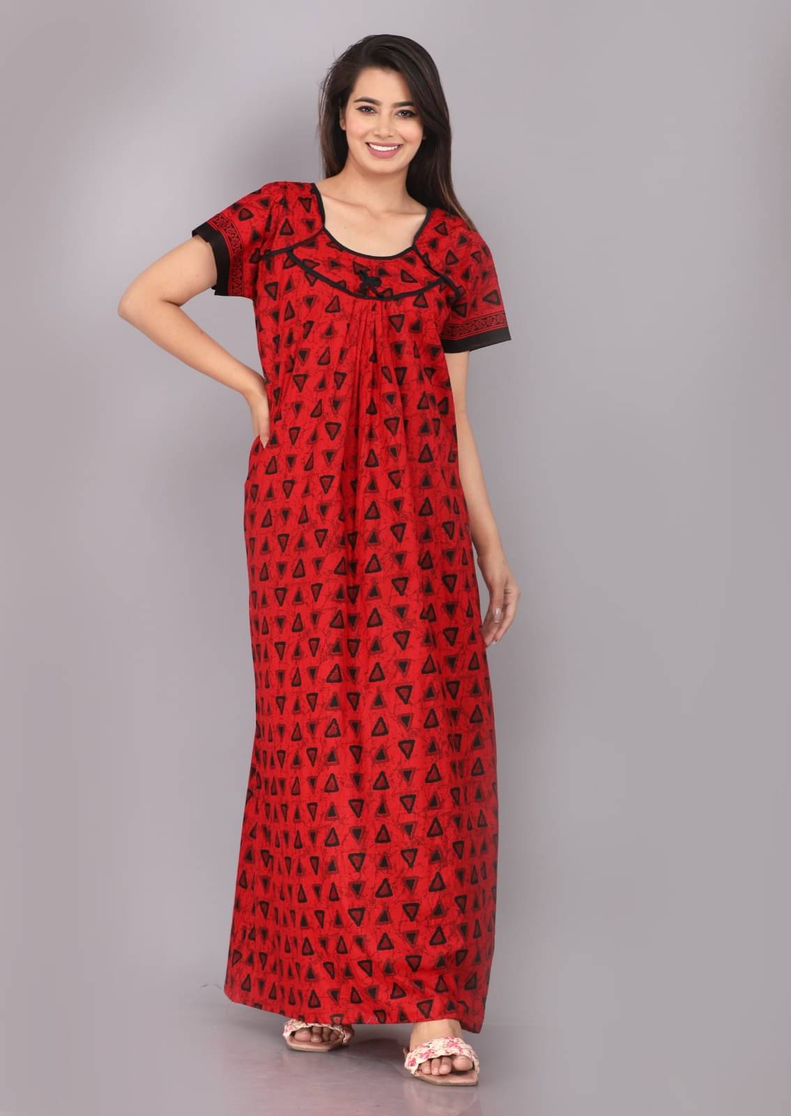 K.D.PRINTS Red,Black Cotton Women's Nightwear Nighty & Night Gowns ( Pack of 1 )     			K.D.PRINTS Red,Black Cotton Women's Nightwear Nighty & Night Gowns ( Pack of 1 )