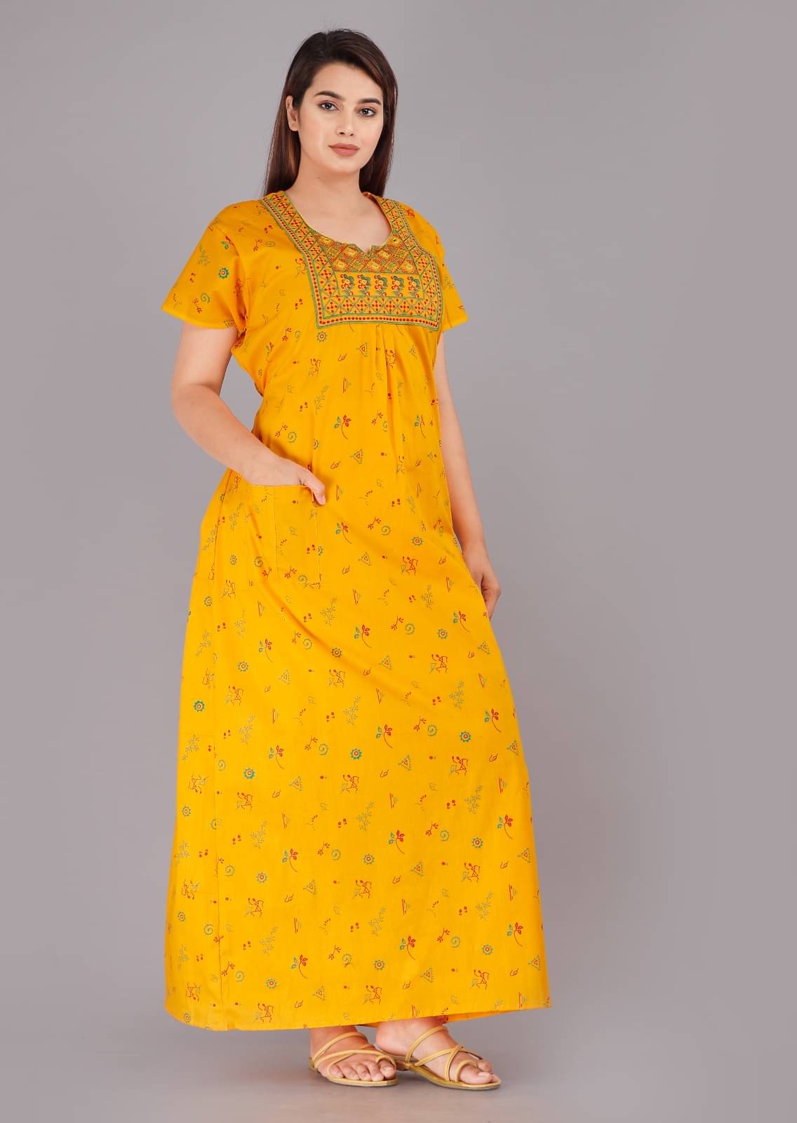 K.D.PRINTS Yellow Cotton Women's Nightwear Nighty & Night Gowns ( Pack of 1 )     			K.D.PRINTS Yellow Cotton Women's Nightwear Nighty & Night Gowns ( Pack of 1 )