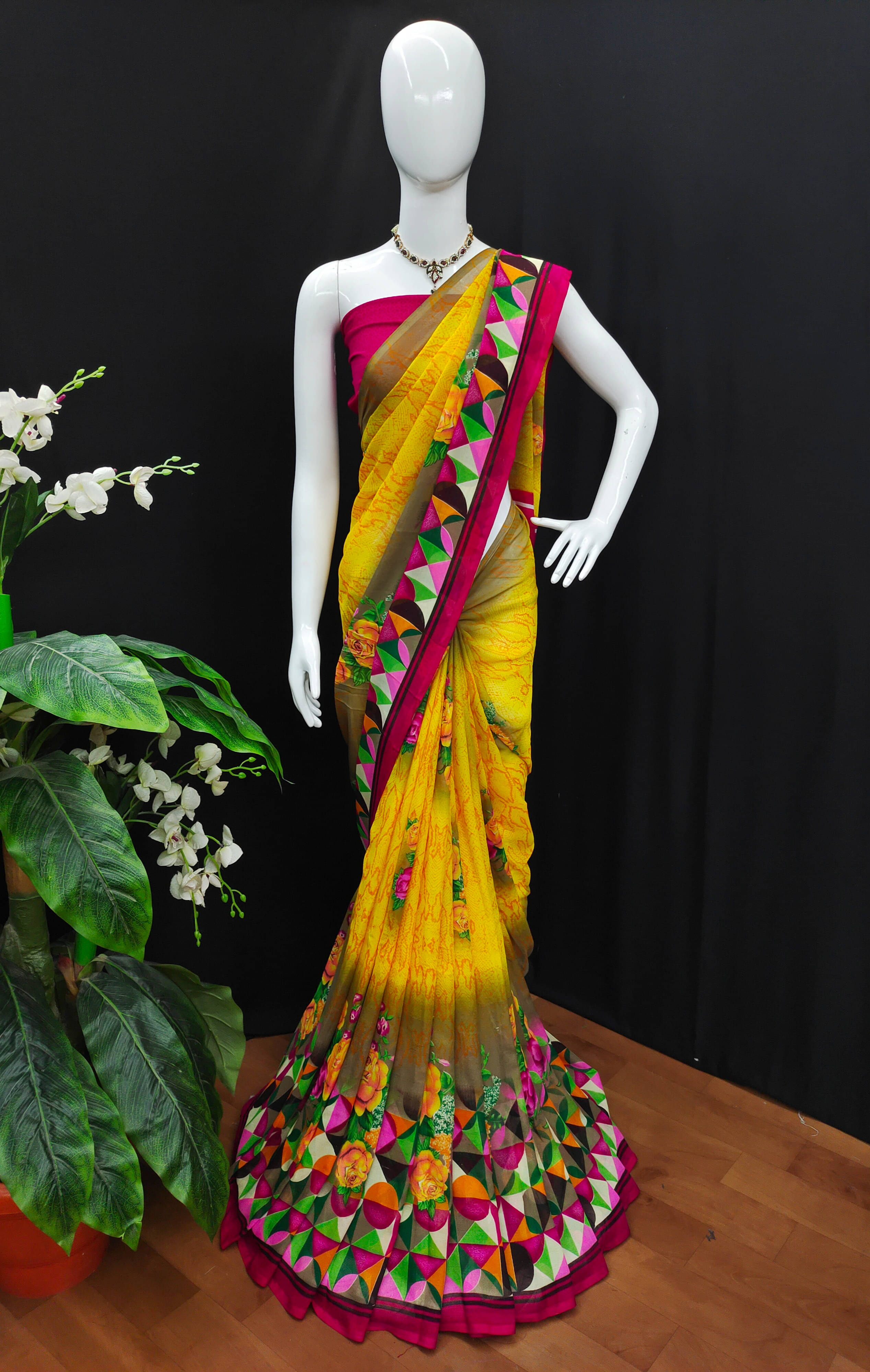     			Kashvi Sarees Georgette Printed Chanderi saree With Unstitched Blouse Piece ( Yellow )