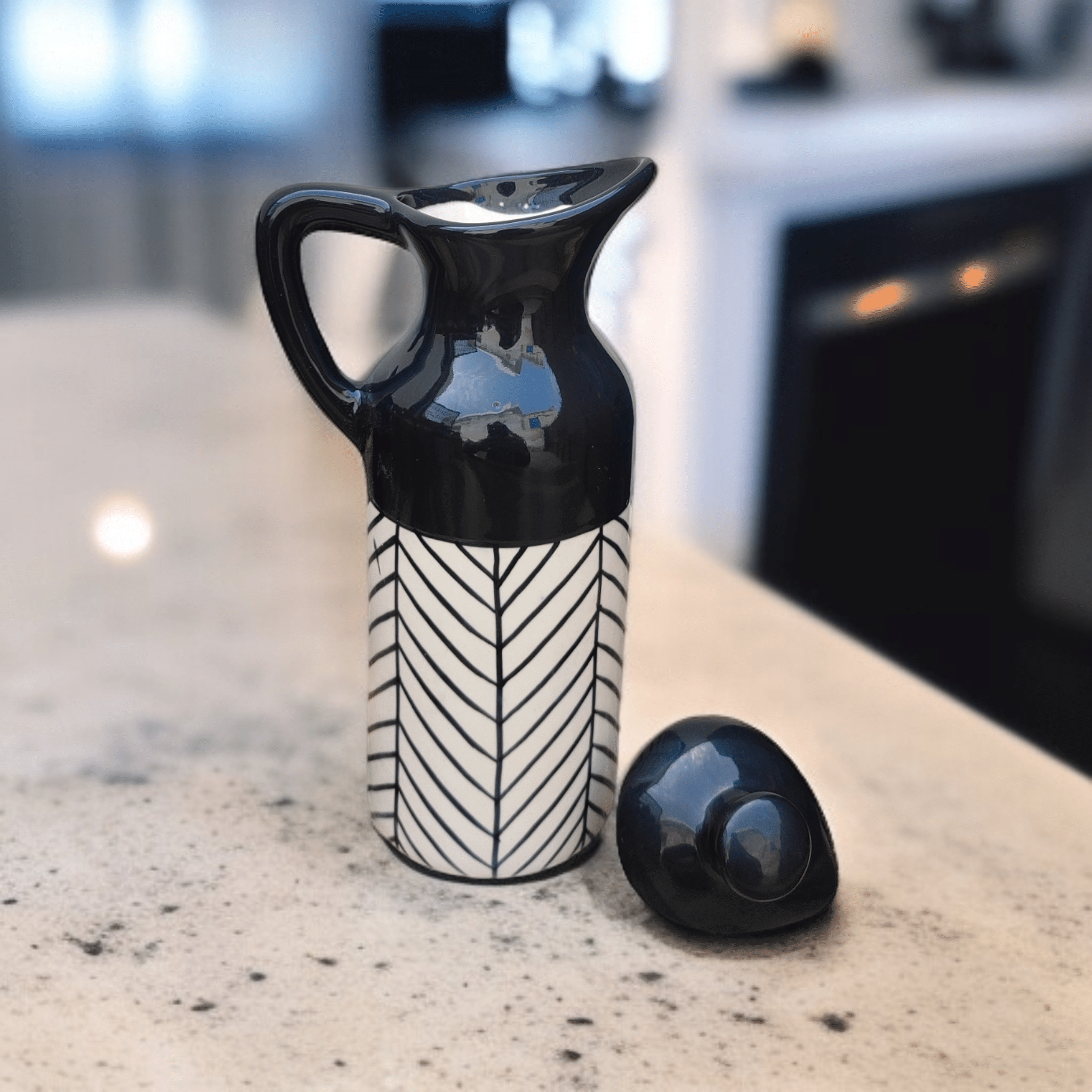 Malaikah Black Zebra Printed Ceramic Black Oil Container ( Set of 1 ) Malaikah Black Zebra Printed Ceramic Black Oil Container ( Set of 1 )