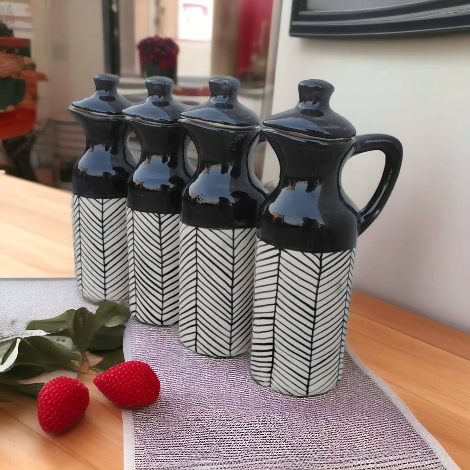 Malaikah Black Zebra Printed Ceramic Black Oil Container ( Set of 4 ) Malaikah Black Zebra Printed Ceramic Black Oil Container ( Set of 4 )