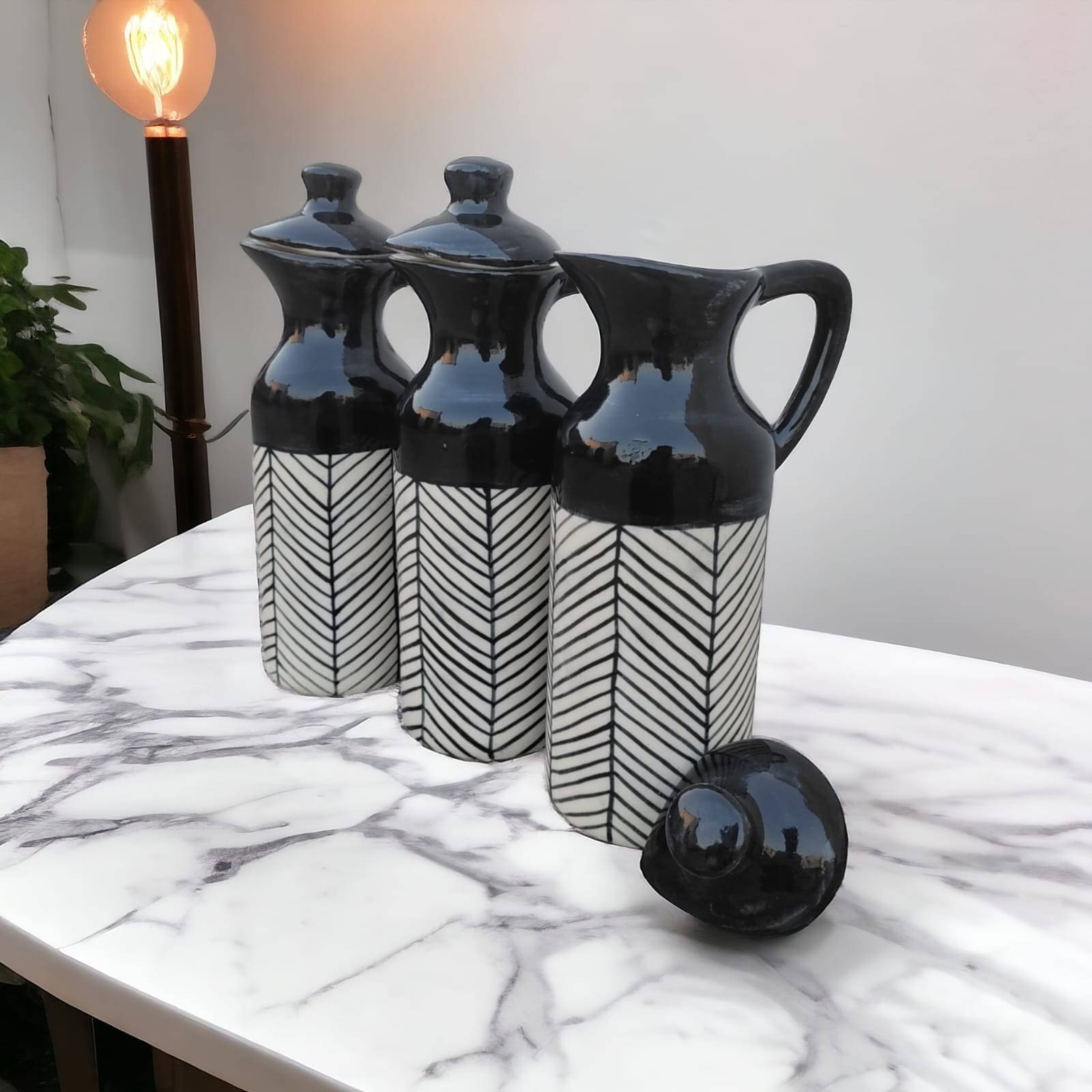 Malaikah Black Zebra Printed Ceramic Black Oil Container ( Set of 3 ) Malaikah Black Zebra Printed Ceramic Black Oil Container ( Set of 3 )