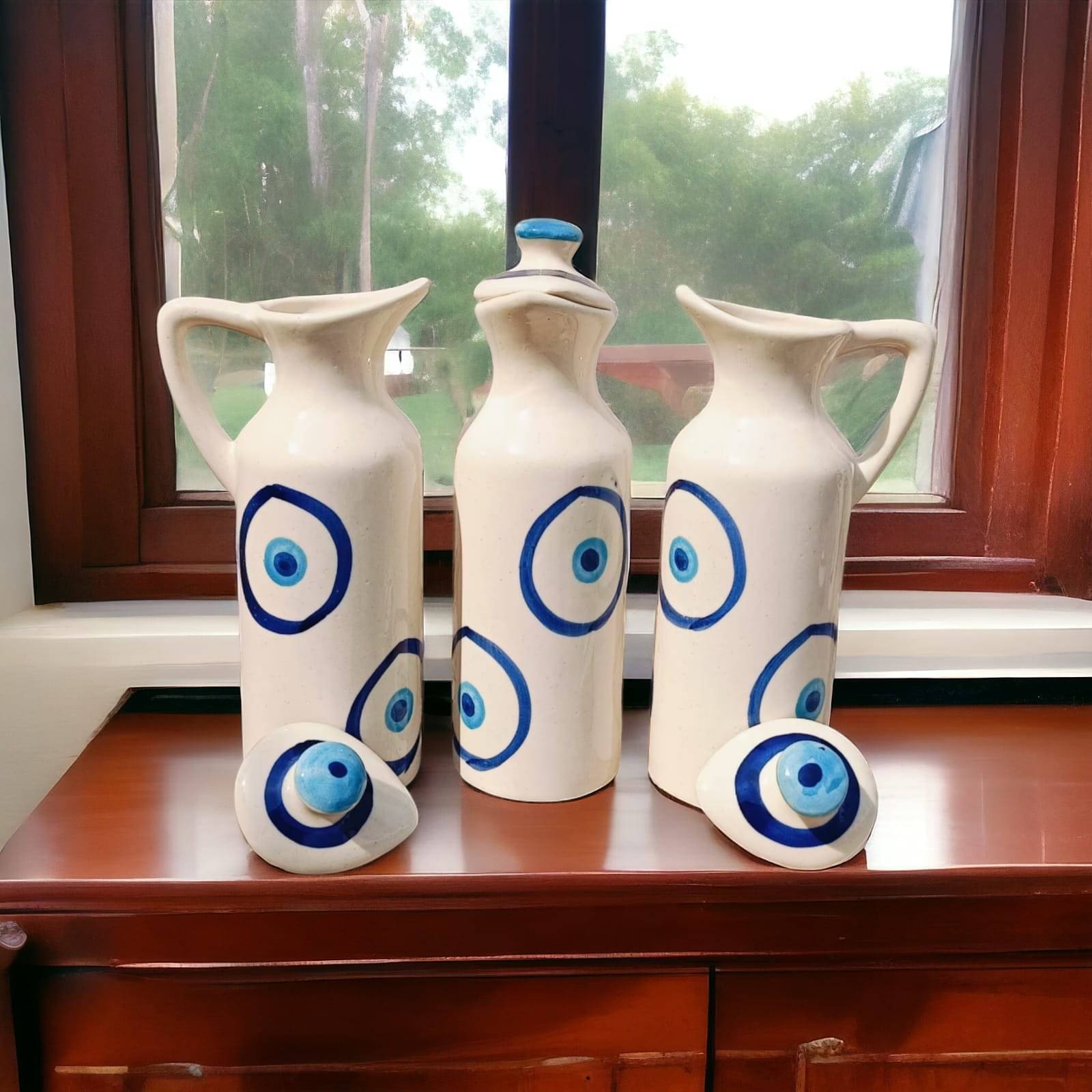     			Malaikah Ceramic Blue Oil Container ( Set of 3 )