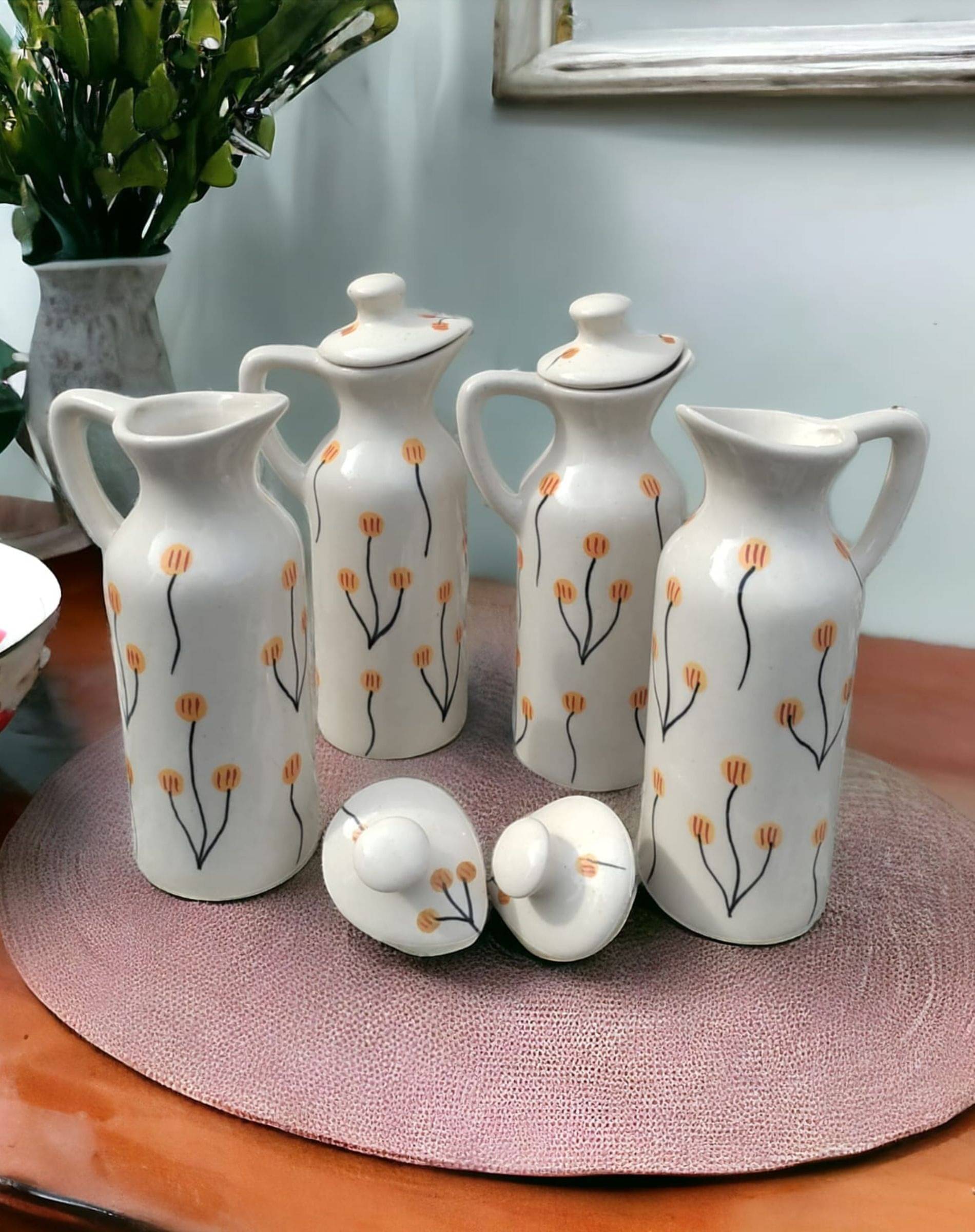     			Malaikah Ceramic White Oil Container ( Set of 4 )