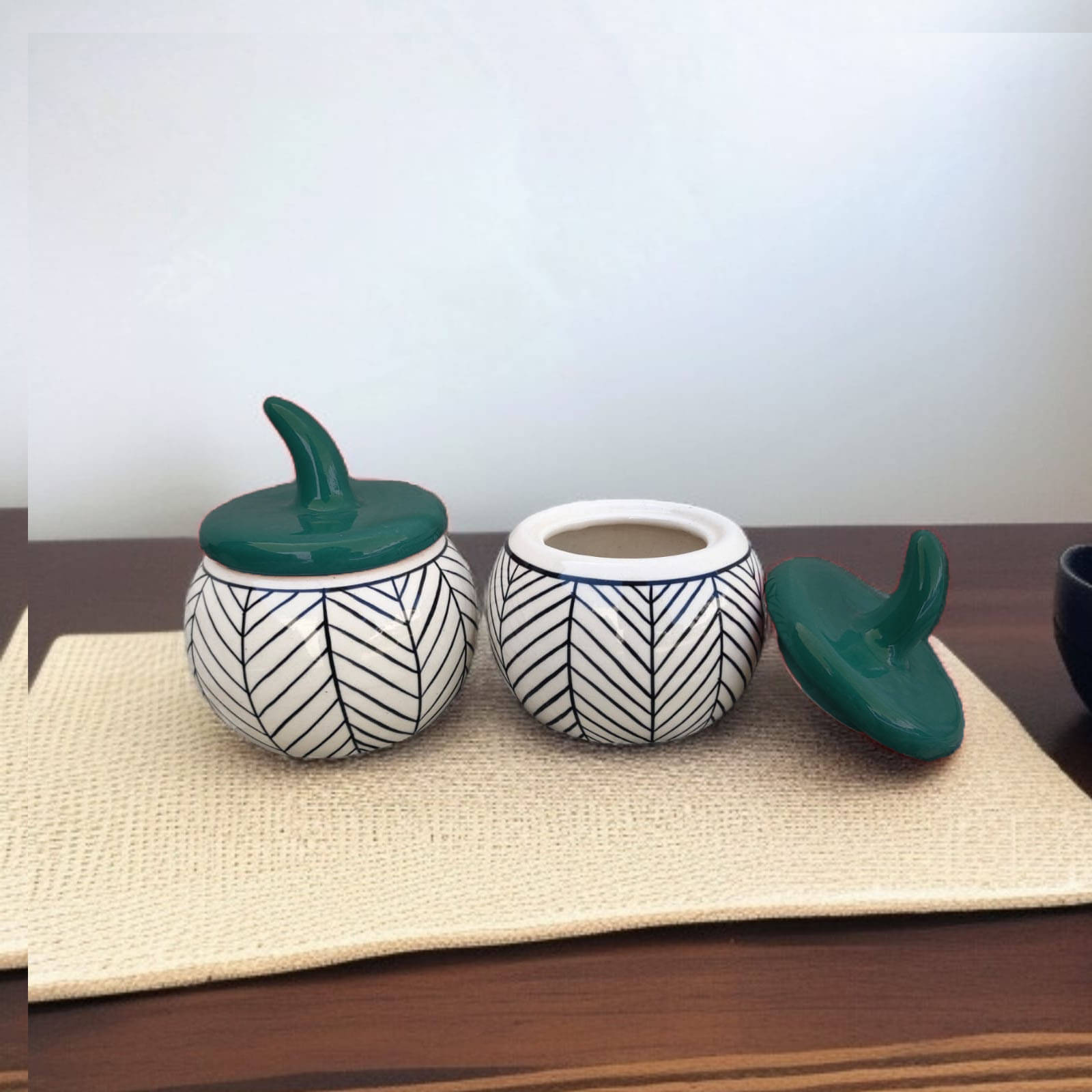 Malaikah Drk Grn Salt Jar Ceramic Green Tea/Coffee/Sugar Container ( Set of 2 ) Malaikah Drk Grn Salt Jar Ceramic Green Tea/Coffee/Sugar Container ( Set of 2 )