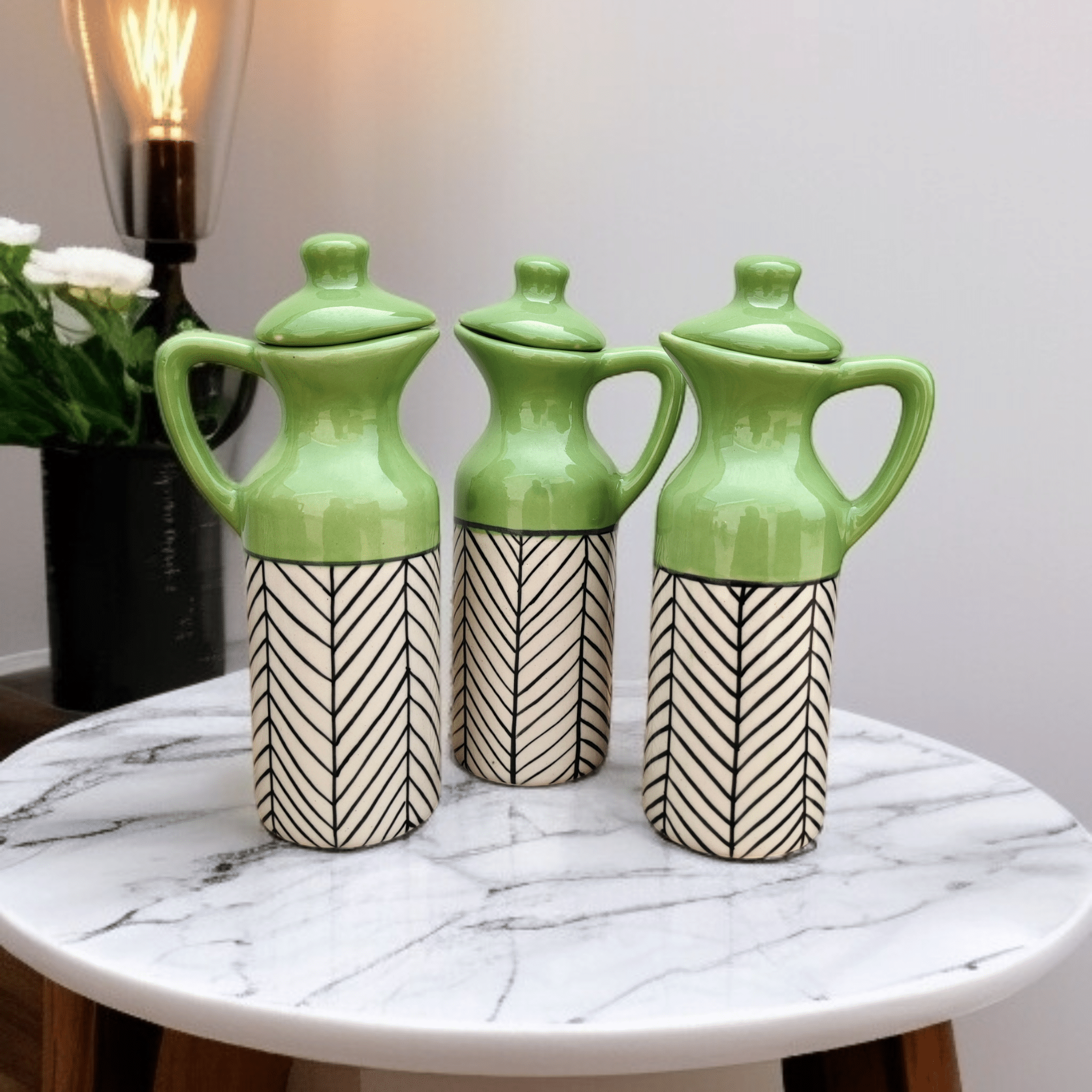     			Malaikah Olive Zebra Printed Ceramic Olive Oil Container ( Set of 3 )