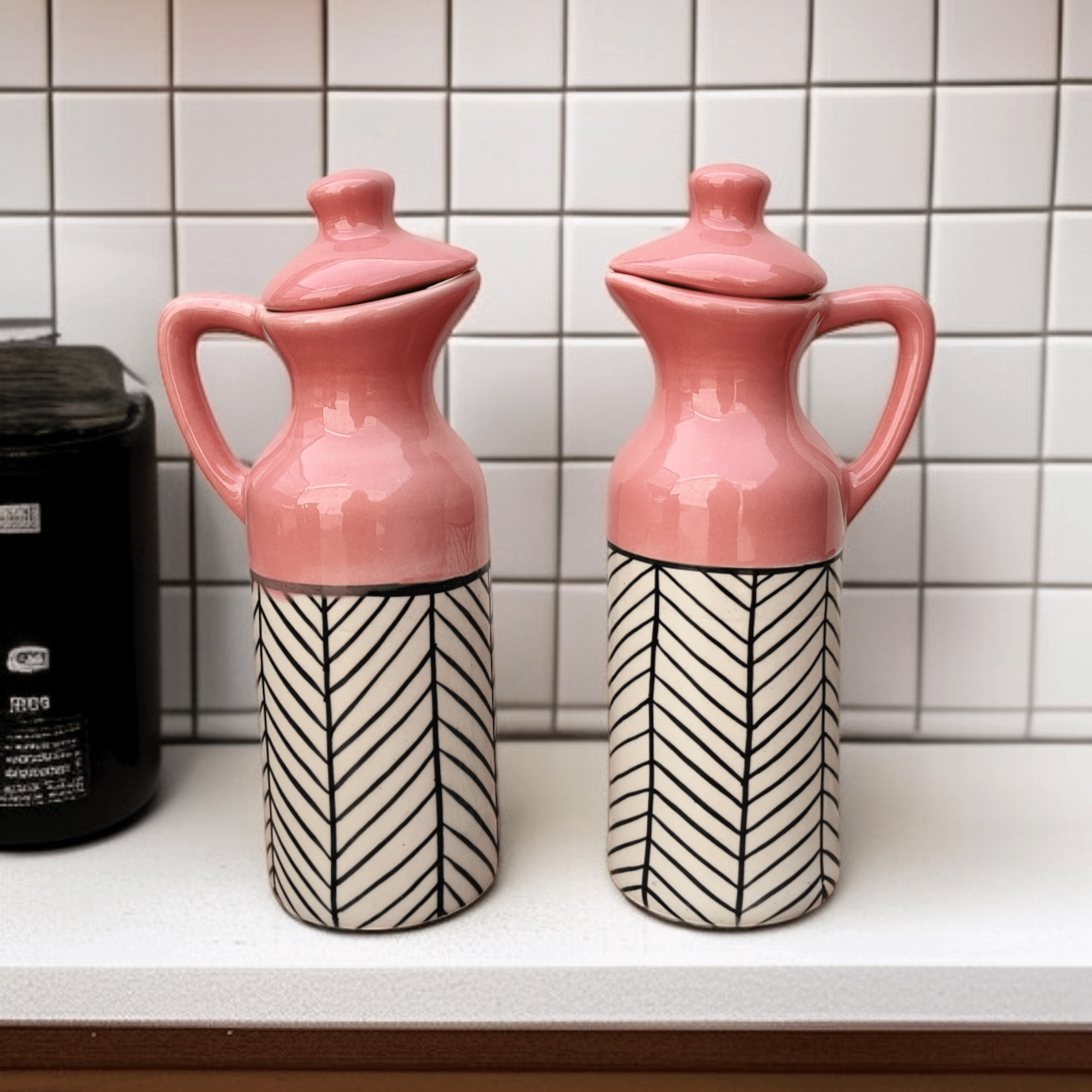 Malaikah Pink Zebra Printed Ceramic Pink Oil Container ( Set of 2 ) Malaikah Pink Zebra Printed Ceramic Pink Oil Container ( Set of 2 )