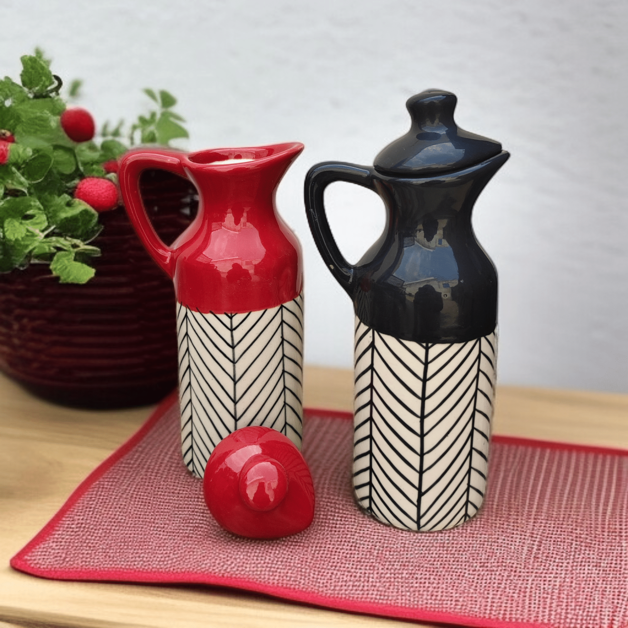     			Malaikah Red Blk Oil Dspnsr Ceramic Multicolor Oil Container ( Set of 2 )
