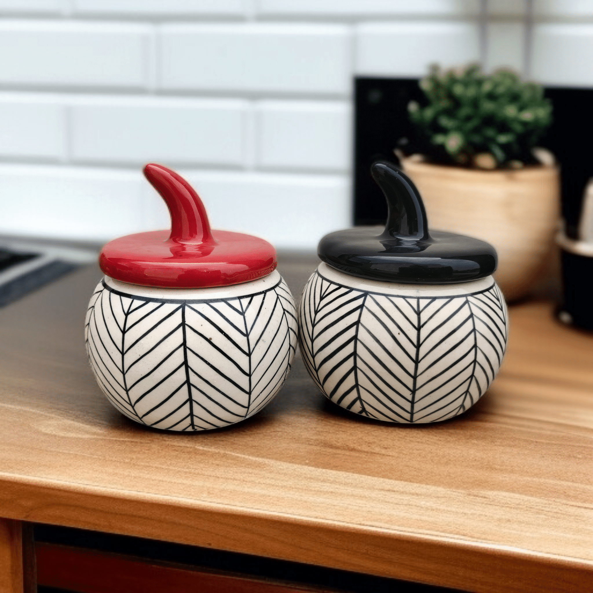     			Malaikah Red Blk Salt Jar Ceramic Multicolor Tea/Coffee/Sugar Container ( Set of 2 )