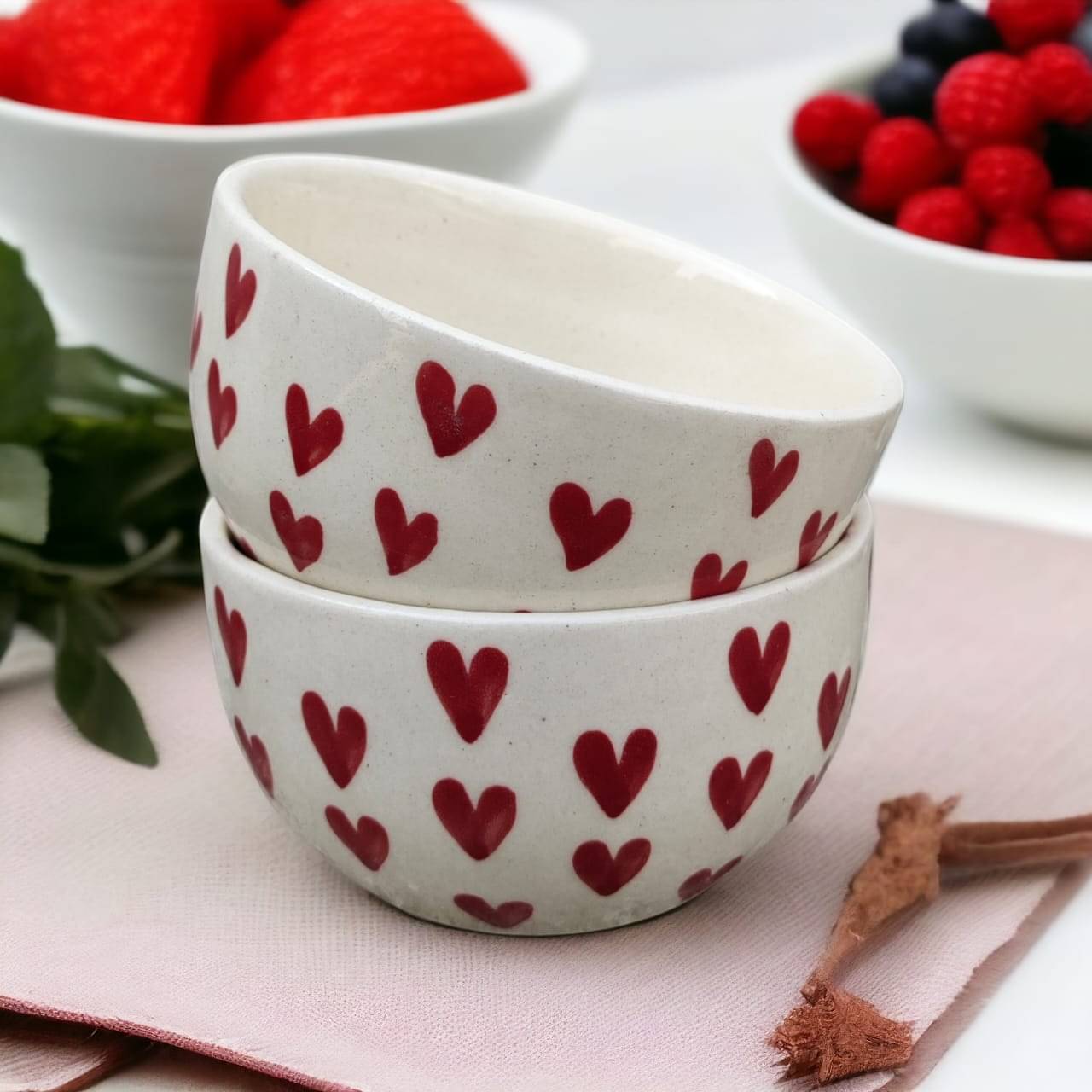     			Malaikah Red Hrt Printed Bowl Ceramic Printed Serving Bowl 10 cm ( Set of 2 ) Red