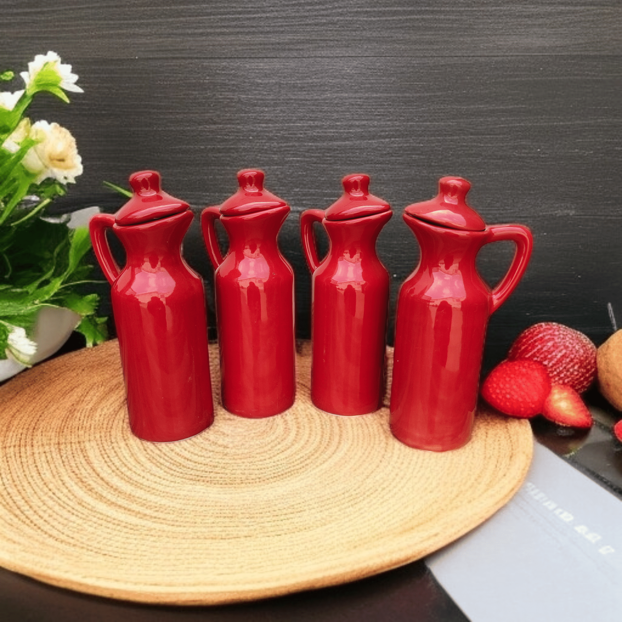     			Malaikah Red Solid Ceramic Red Oil Container ( Set of 4 )