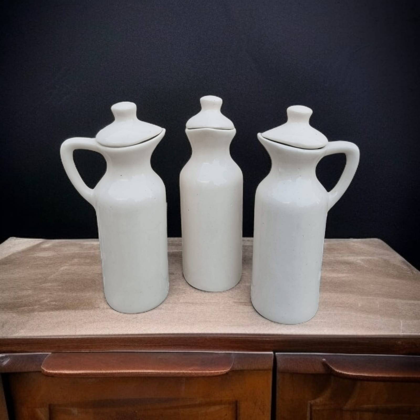 Malaikah Sld Wht Oil Dspnsr Ceramic White Oil Container ( Set of 3 ) Malaikah Sld Wht Oil Dspnsr Ceramic White Oil Container ( Set of 3 )
