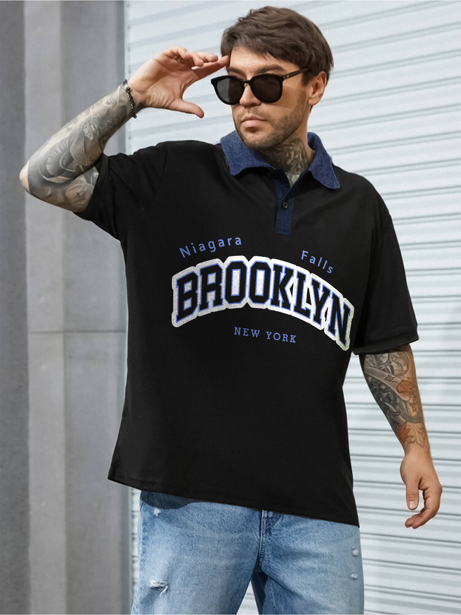 Maniac Men Cotton Blend Oversized Fit Printed Polo T Shirt ( Black ) Maniac Men Cotton Blend Oversized Fit Printed Polo T Shirt ( Black )