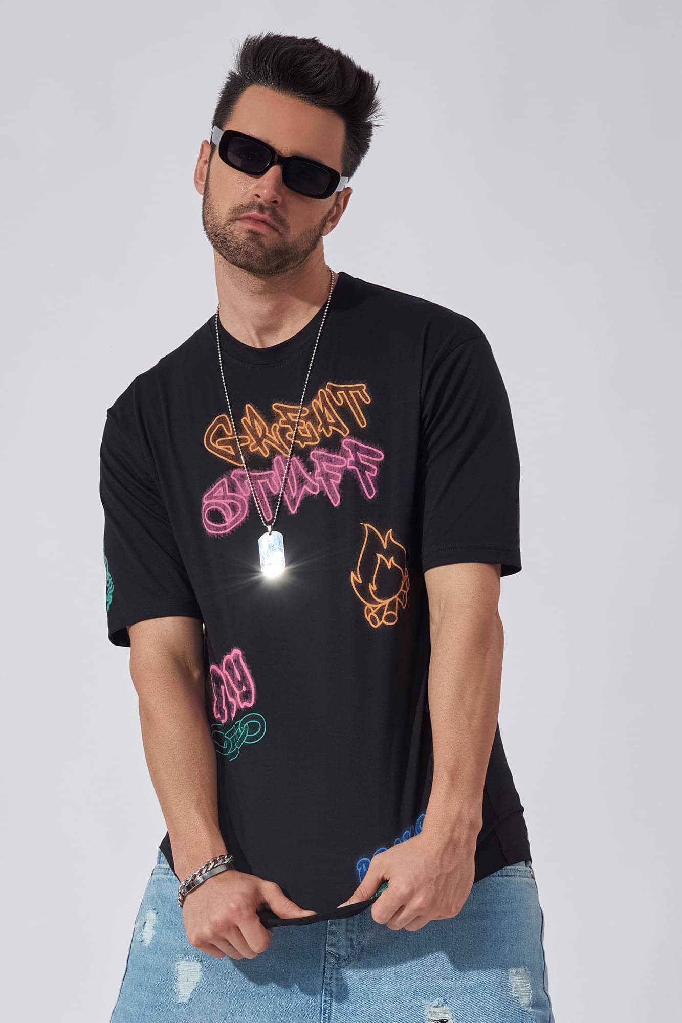     			Maniac Men Cotton Oversized Fit Printed T-Shirt ( Black )