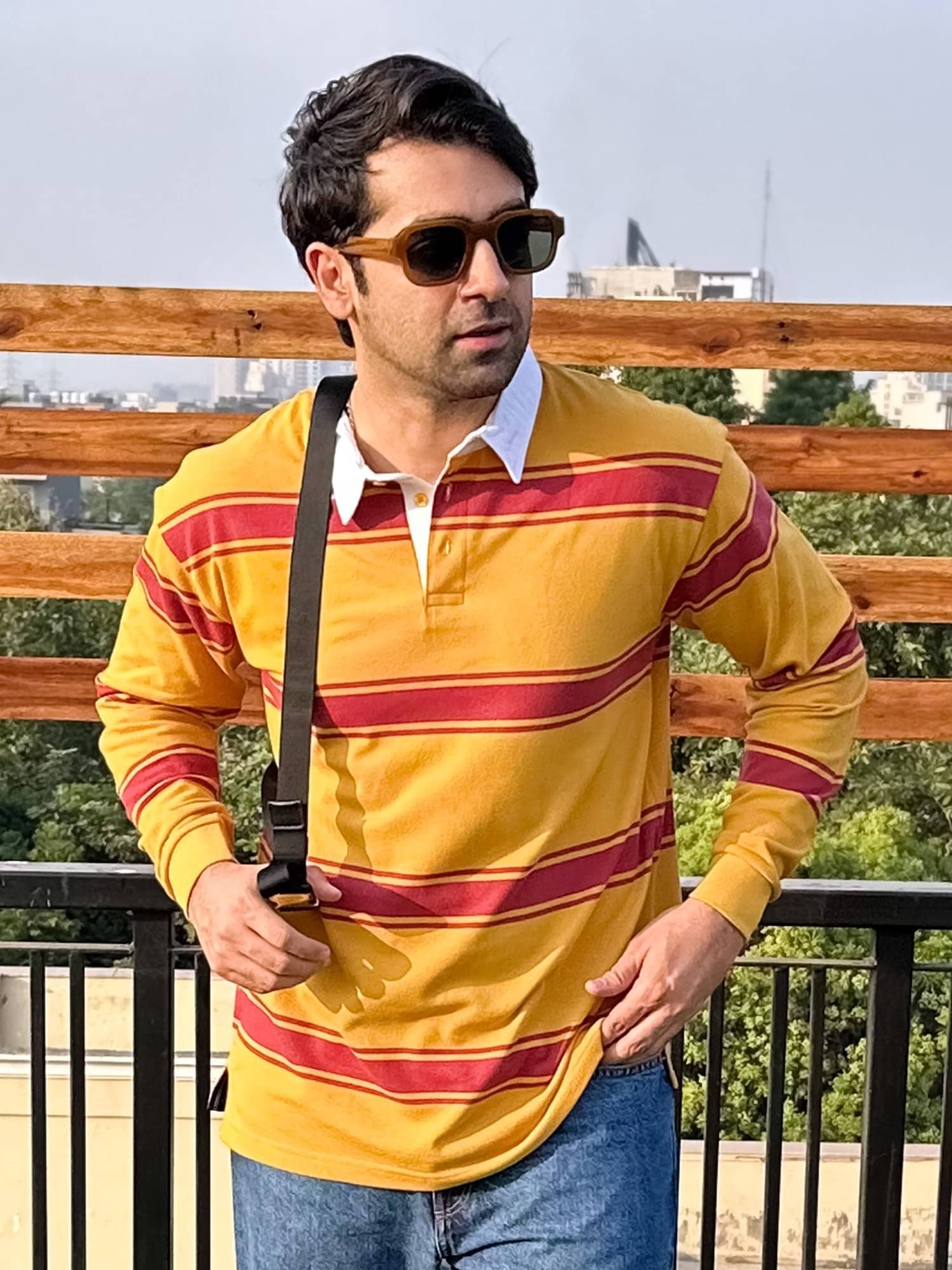     			Maniac Men Cotton Oversized Fit Striped Polo T Shirt ( Yellow )