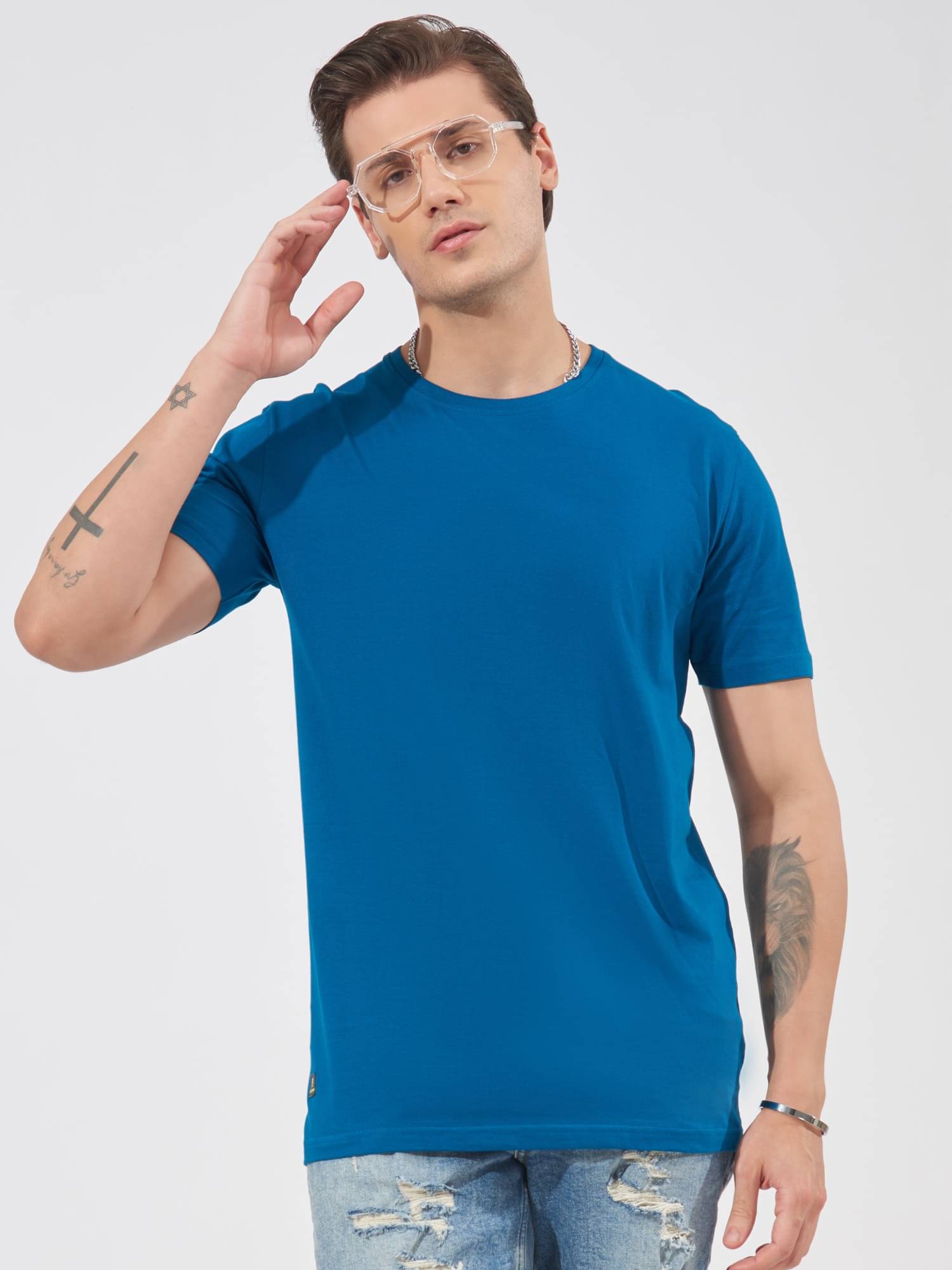 Maniac Men Cotton Slim Fit Solid T-Shirt ( Blue ) Maniac Men Cotton Slim Fit Solid T-Shirt ( Blue )