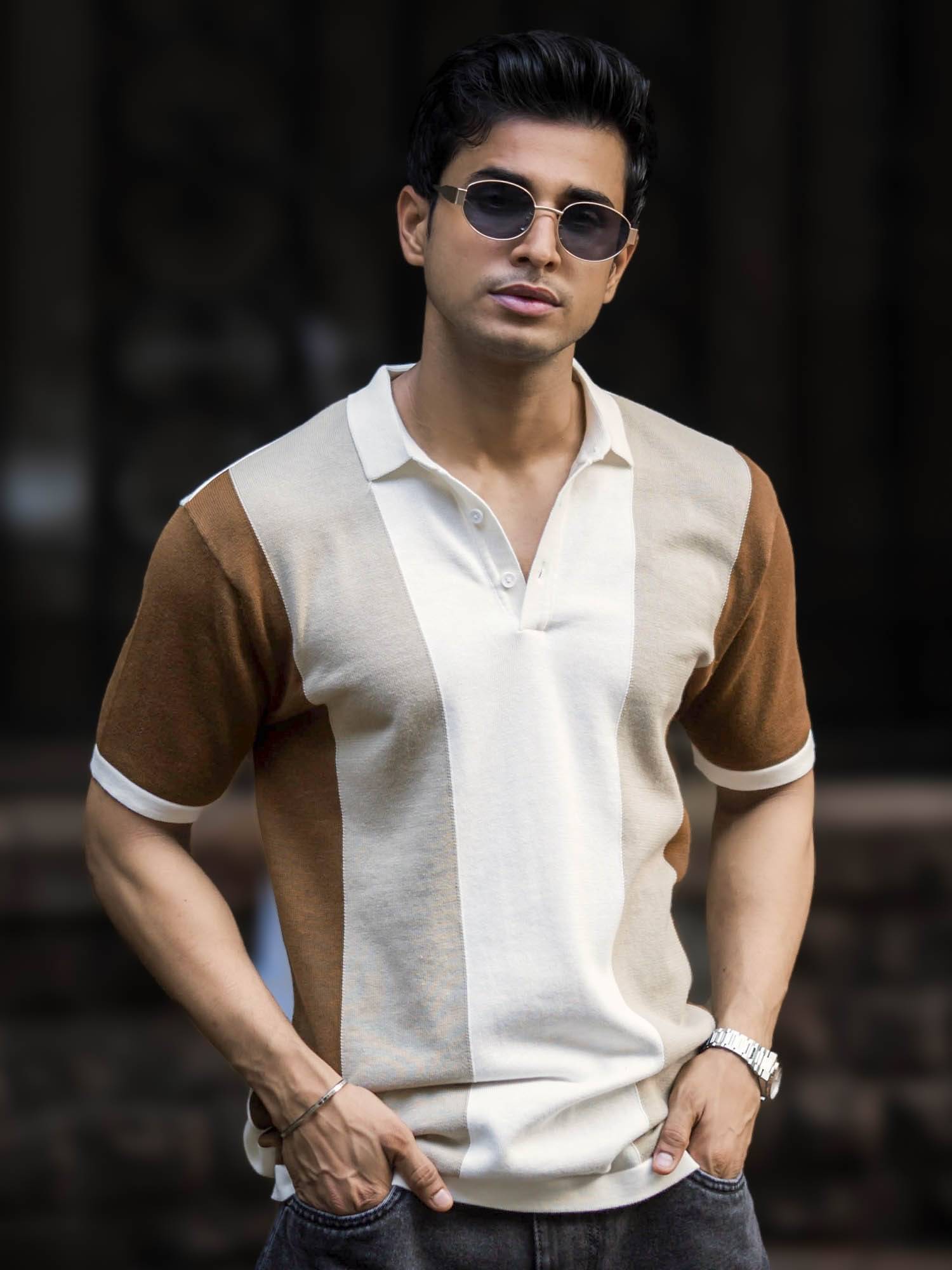     			Maniac Men Cotton Slim Fit ColorBlock Polo T Shirt ( Beige )