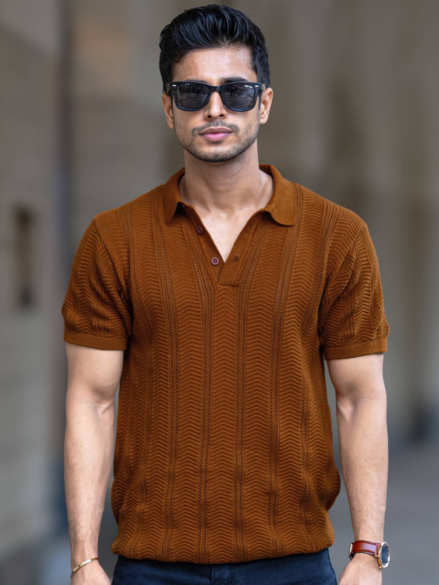     			Maniac Men Cotton Slim Fit Striped Polo T Shirt ( Brown )