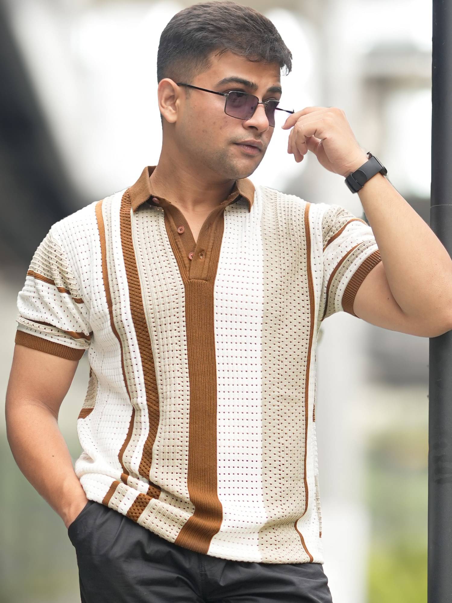     			Maniac Men Cotton Slim Fit Striped Polo T Shirt ( Beige )