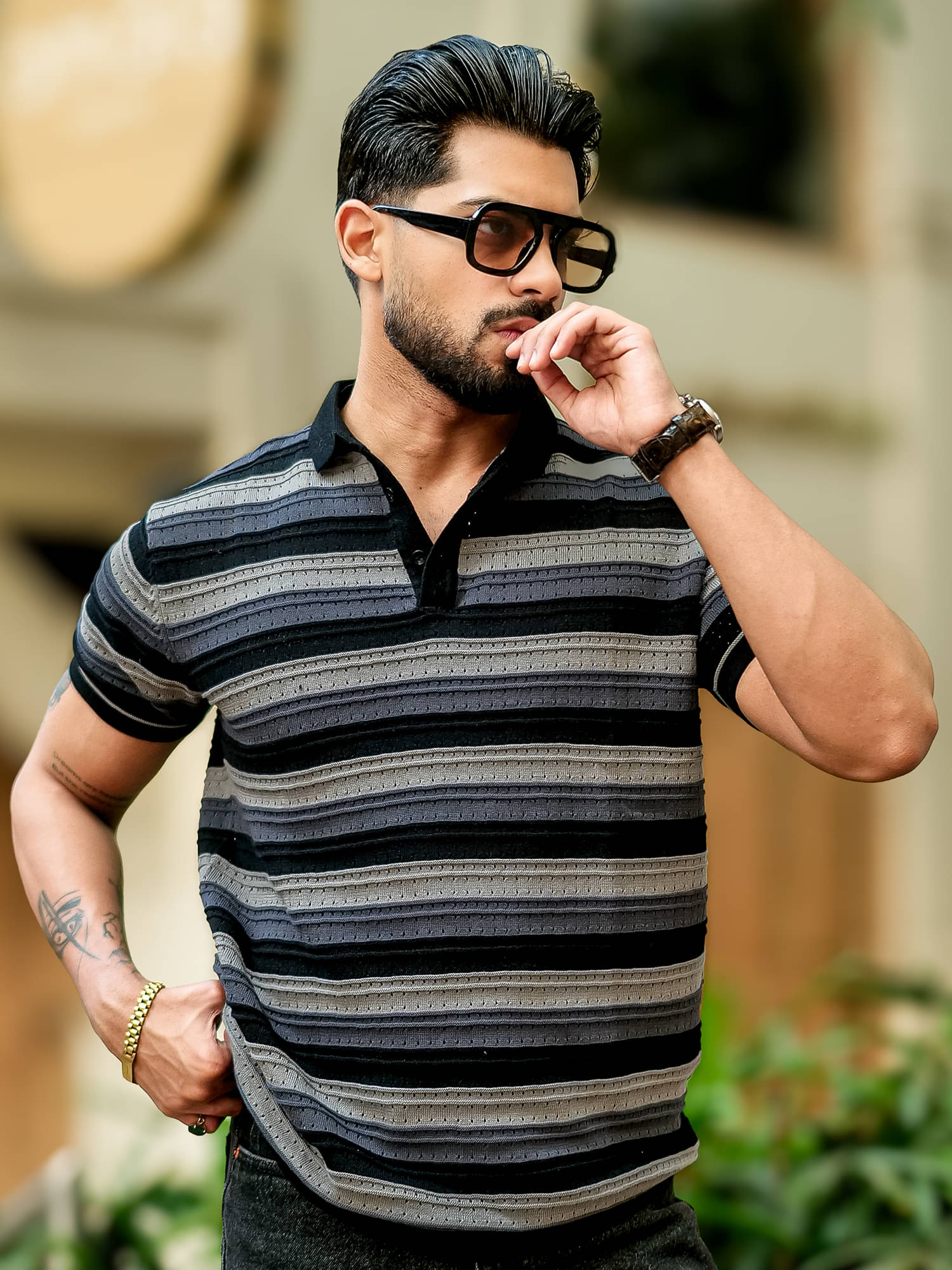     			Maniac Men Cotton Slim Fit Striped Polo T Shirt ( Black )