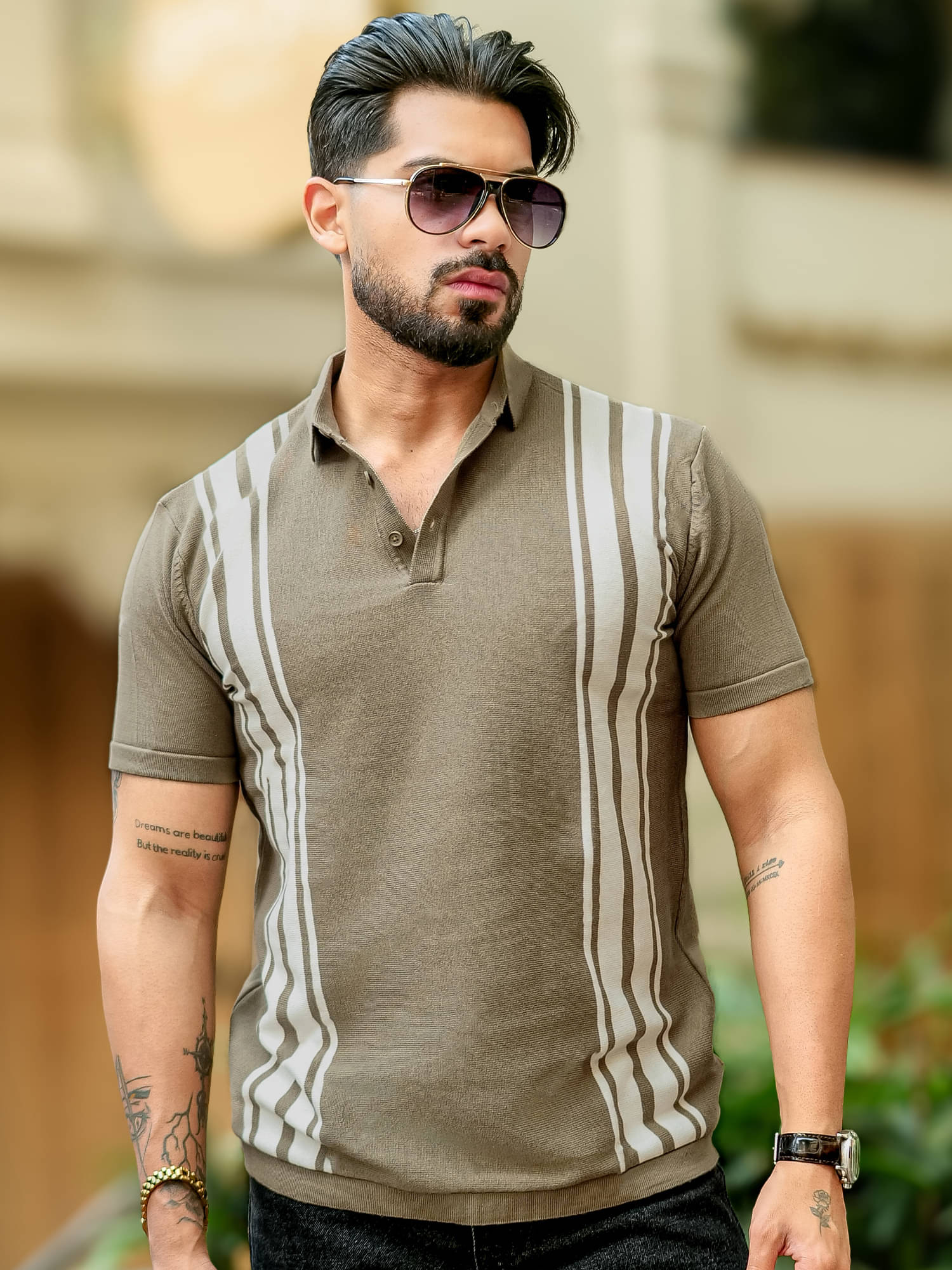 Maniac Men Cotton Slim Fit Striped Polo T Shirt ( Green ) Maniac Men Cotton Slim Fit Striped Polo T Shirt ( Green )