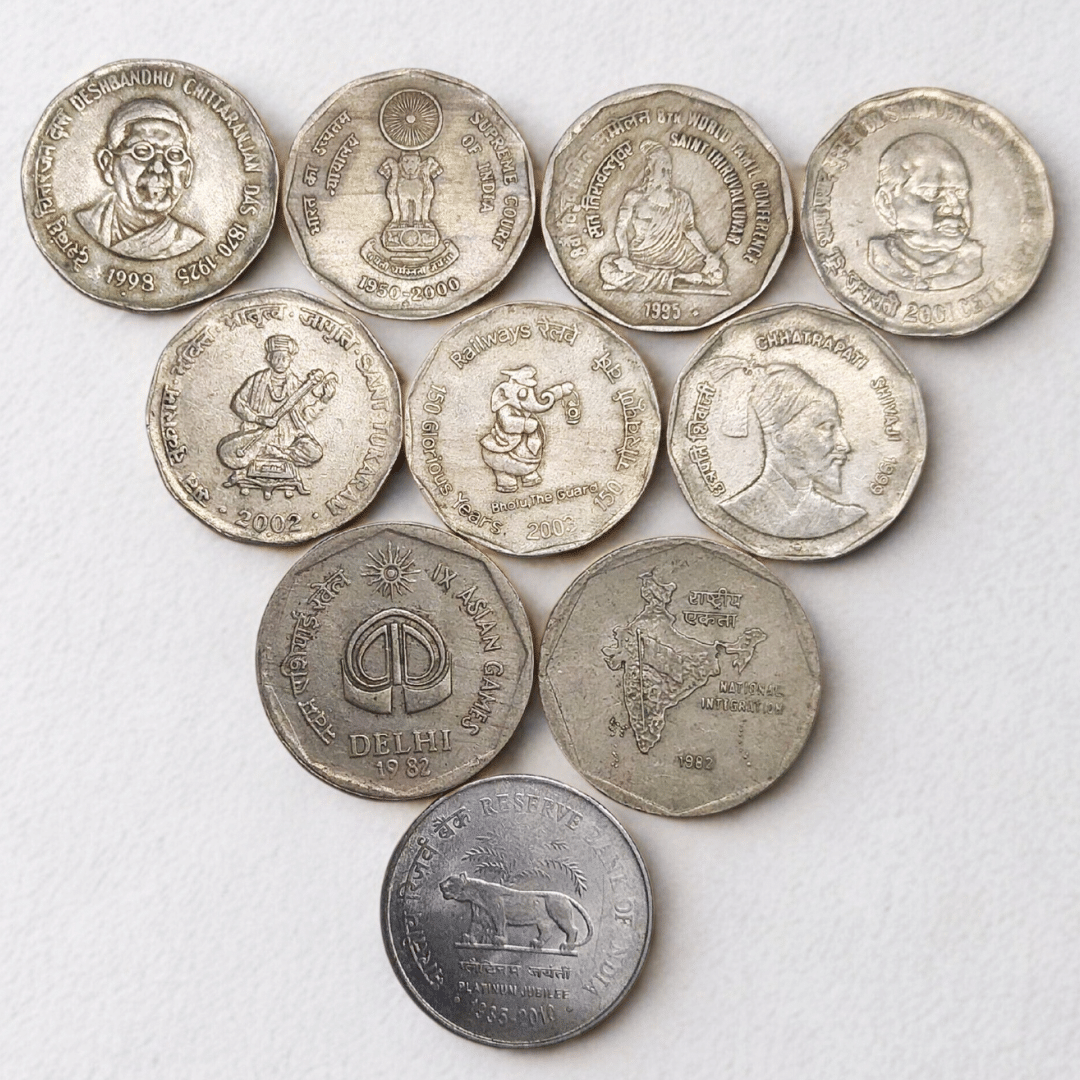     			SHUBHCOINS 2Re Old Commemorative Set of 10 Coins, in Good Condition Very Collectible for Students (Series 2)