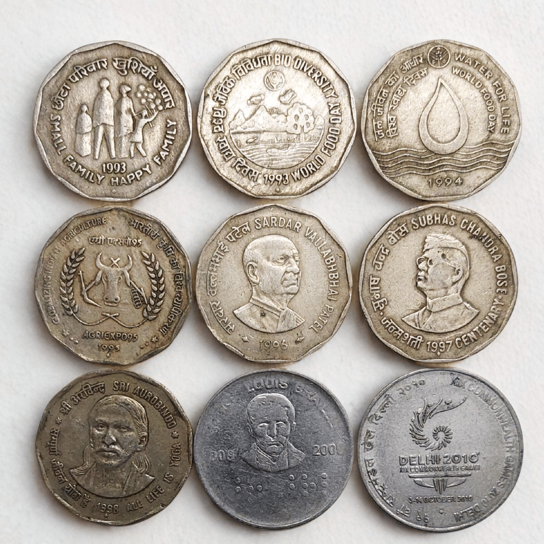     			SHUBHCOINS 2Re Old Commemorative Set of 9 Coins in Good Condition Very Collectible for Students (Series 1)