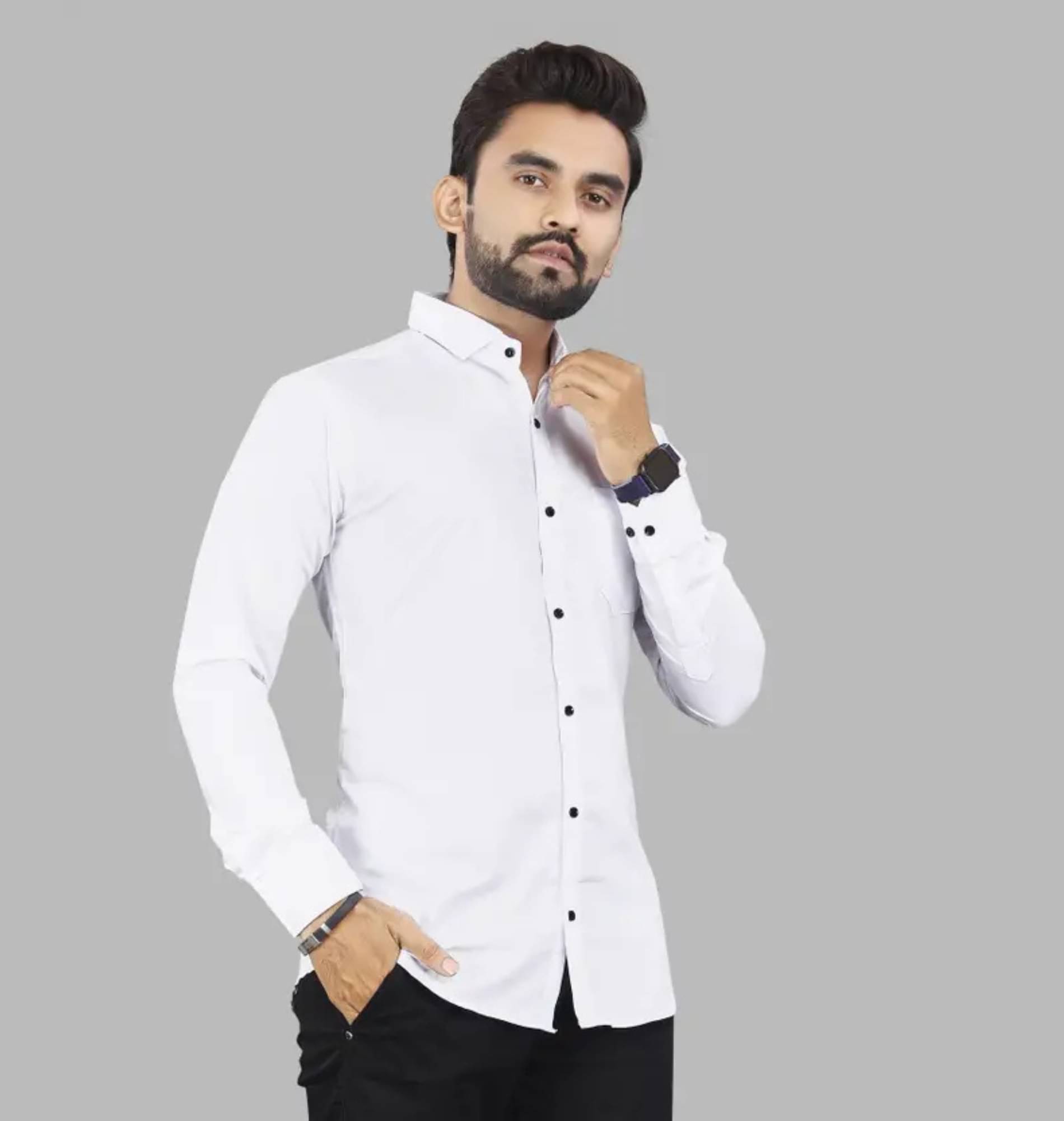 Shiv Sales Cotton Blend Regular Fit Solids Full Sleeves Men's Casual Shirt - White ( Pack of 1 ) Shiv Sales Cotton Blend Regular Fit Solids Full Sleeves Men's Casual Shirt - White ( Pack of 1 )