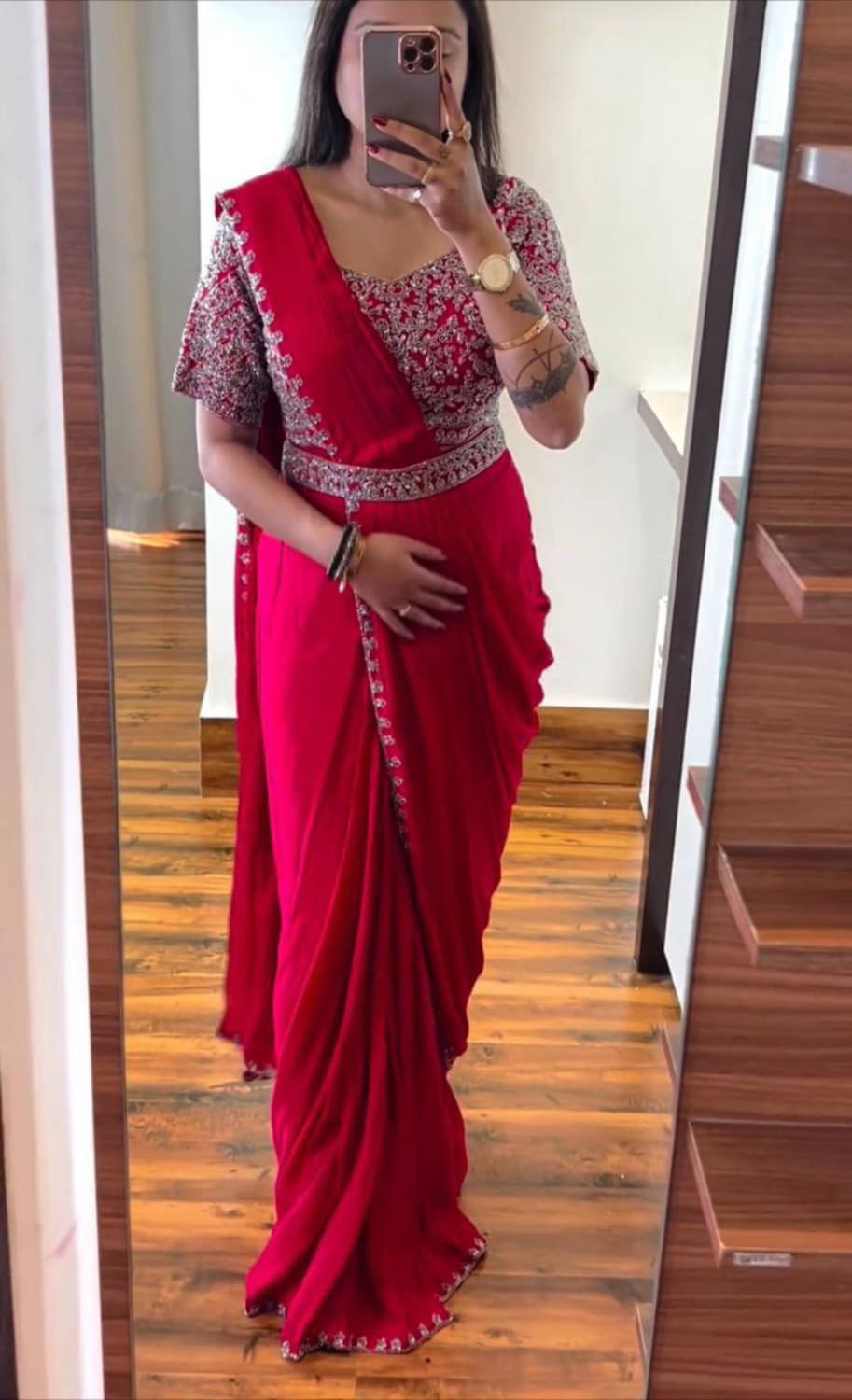     			kastbhanjan Chiffon Embroidered Regular Saree With Stitched Blouse ( Red )