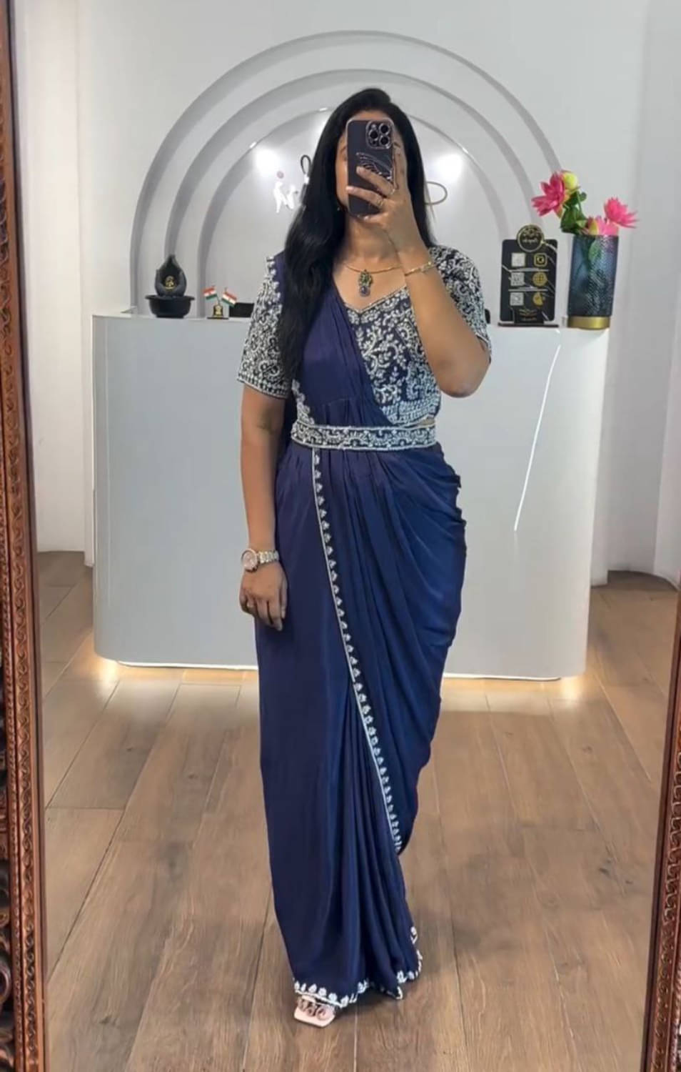 kastbhanjan Chiffon Embroidered Regular Saree With Stitched Blouse ( Navy Blue ) kastbhanjan Chiffon Embroidered Regular Saree With Stitched Blouse ( Navy Blue )