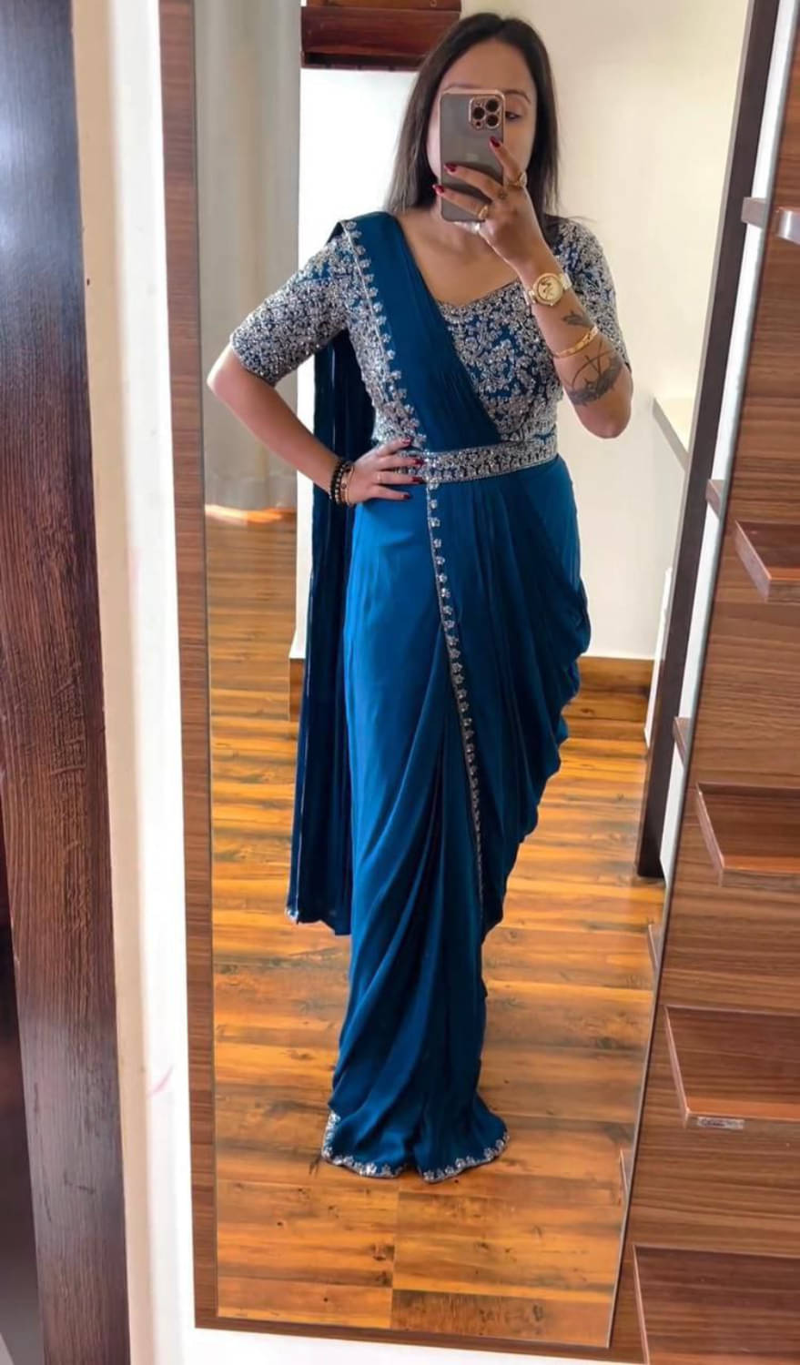 kastbhanjan Chiffon Embroidered Regular Saree With Stitched Blouse ( Rama ) kastbhanjan Chiffon Embroidered Regular Saree With Stitched Blouse ( Rama )