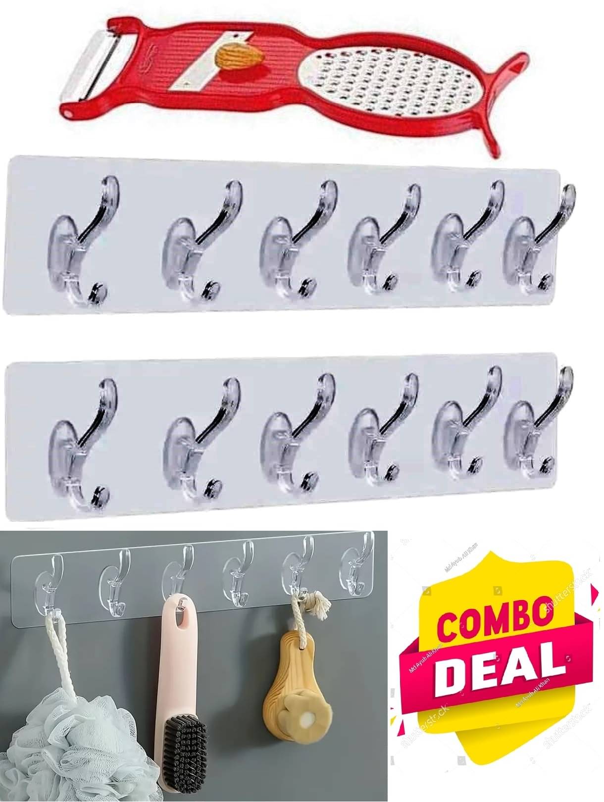     			2 Pcs 6 Rows Multifunctional Transparent Sticky Hook Set Adhesive Sticker Hanger in Kitchen Bathroom Oilproof Home Wall Hanging Waterproof Seamless Invisible Strong Self Adhesive Wall Mounted (2 Pack) With 4 in 1 Peeler, Slicer, Grater, Cutter.