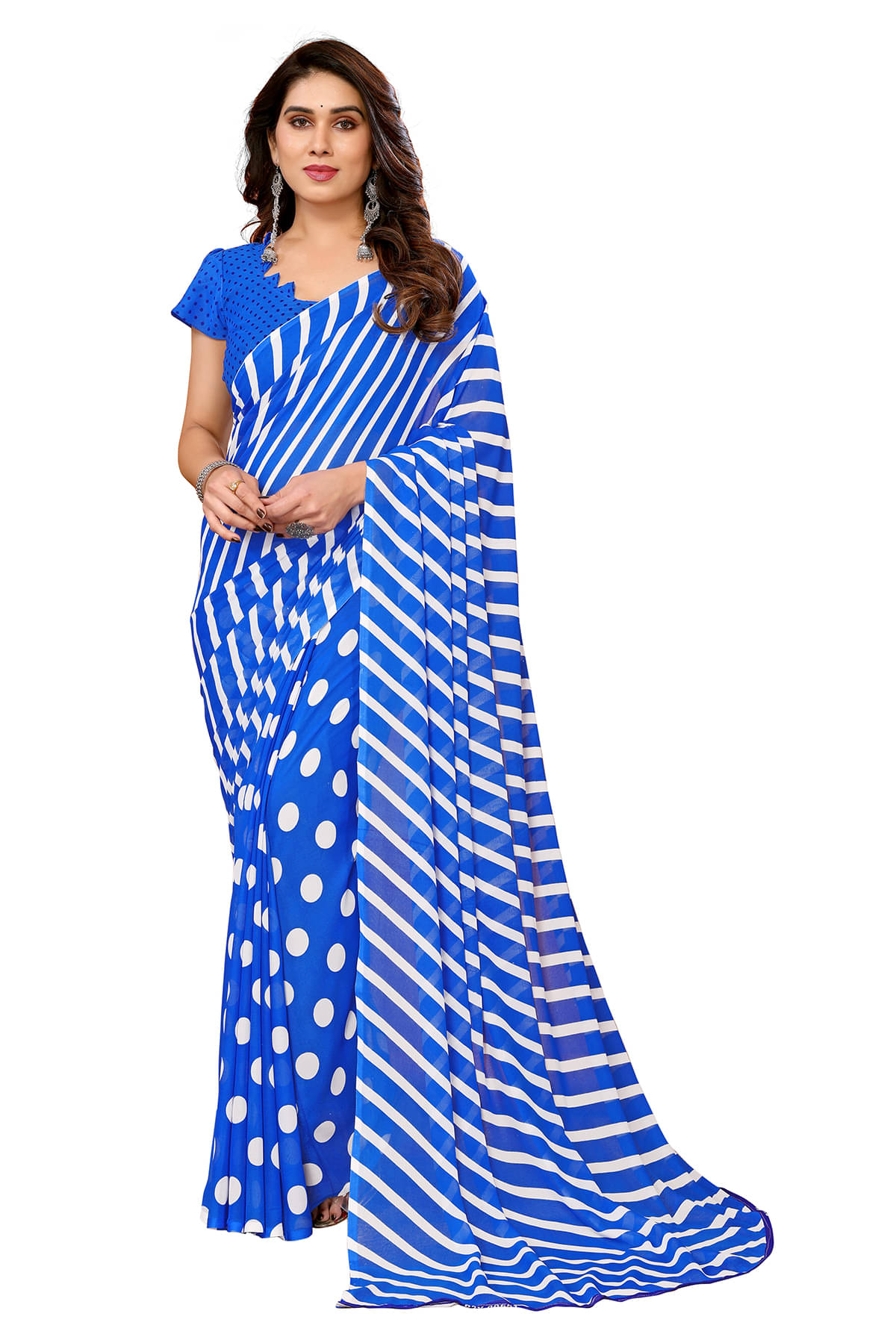 ANAND SAREES Georgette Striped Kasavu Saree With Unstitched Blouse Piece ( Blue ) ANAND SAREES Georgette Striped Kasavu Saree With Unstitched Blouse Piece ( Blue )