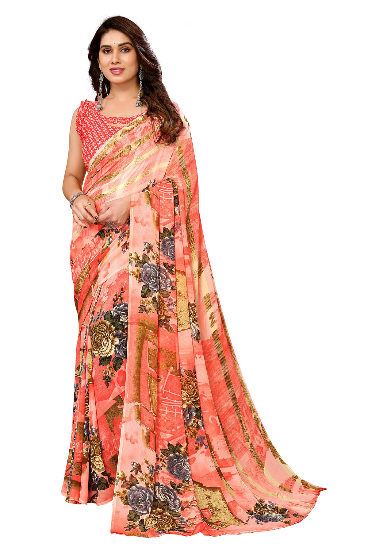 ANAND SAREES Georgette Printed Kasavu Saree With Unstitched Blouse Piece ( Orange )     			ANAND SAREES Georgette Printed Kasavu Saree With Unstitched Blouse Piece ( Orange )