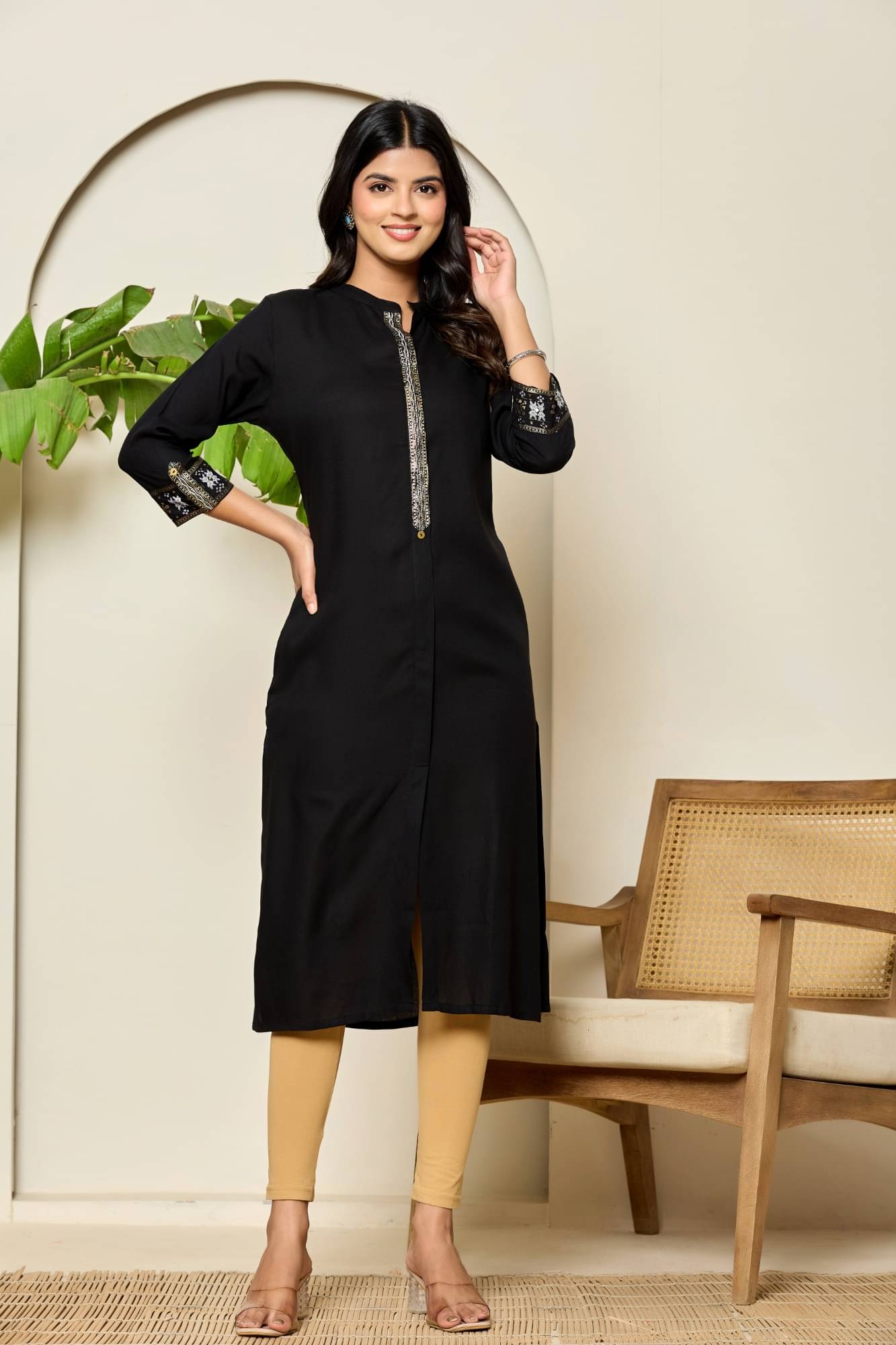     			Adaa Women Cotton Blend Solid A-line Kurti ( Black )
