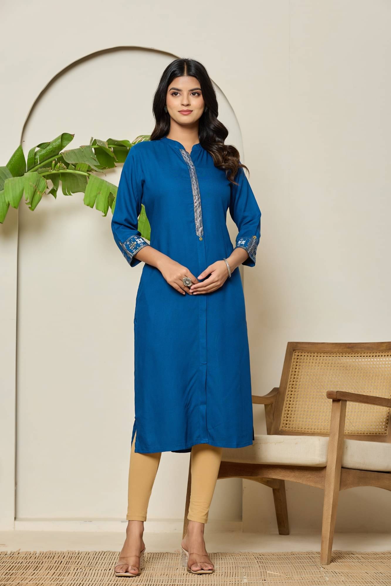     			Adaa Women Cotton Blend Solid A-line Kurti ( Blue )