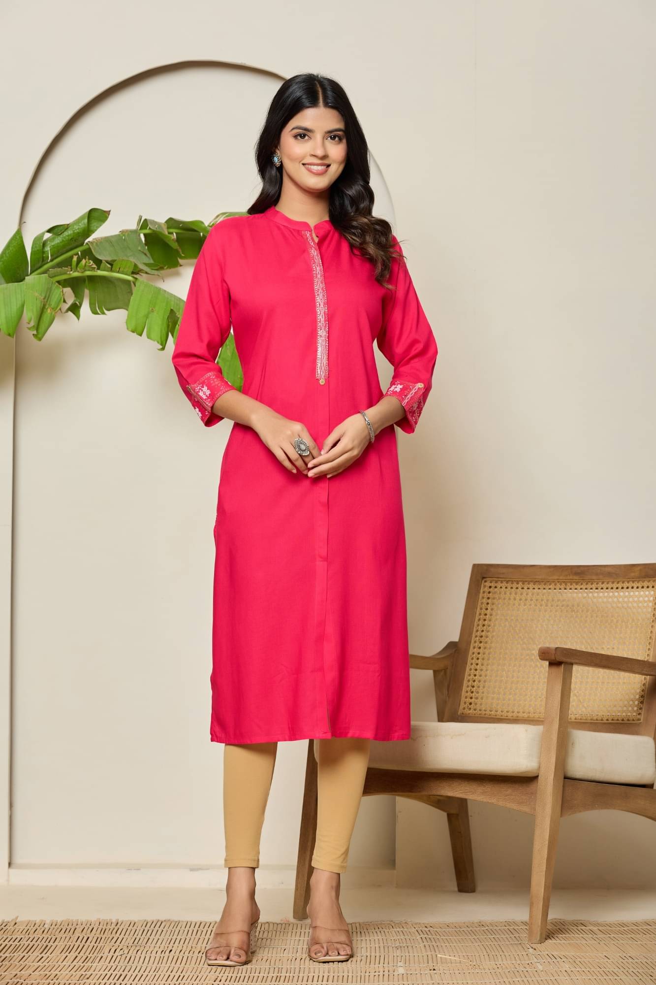 Adaa Women Cotton Blend Solid A-line Kurti ( Pink )     			Adaa Women Cotton Blend Solid A-line Kurti ( Pink )